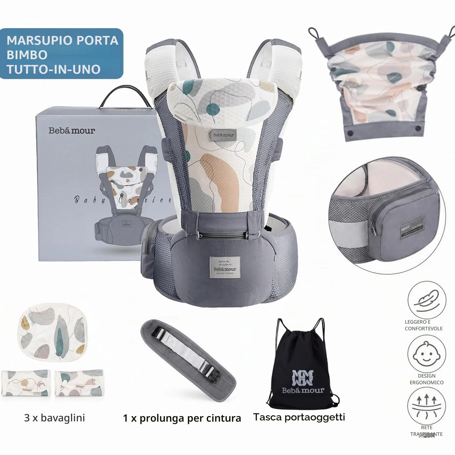 Bebear Marsupio,Bebamour Marsupio per 0-36 mesi, marsupio traspirante da neonato a bambino, approvato dagli standard di sicurezza, seggiolino ergonomico 6 in 1 anteriore (New Air Grey)