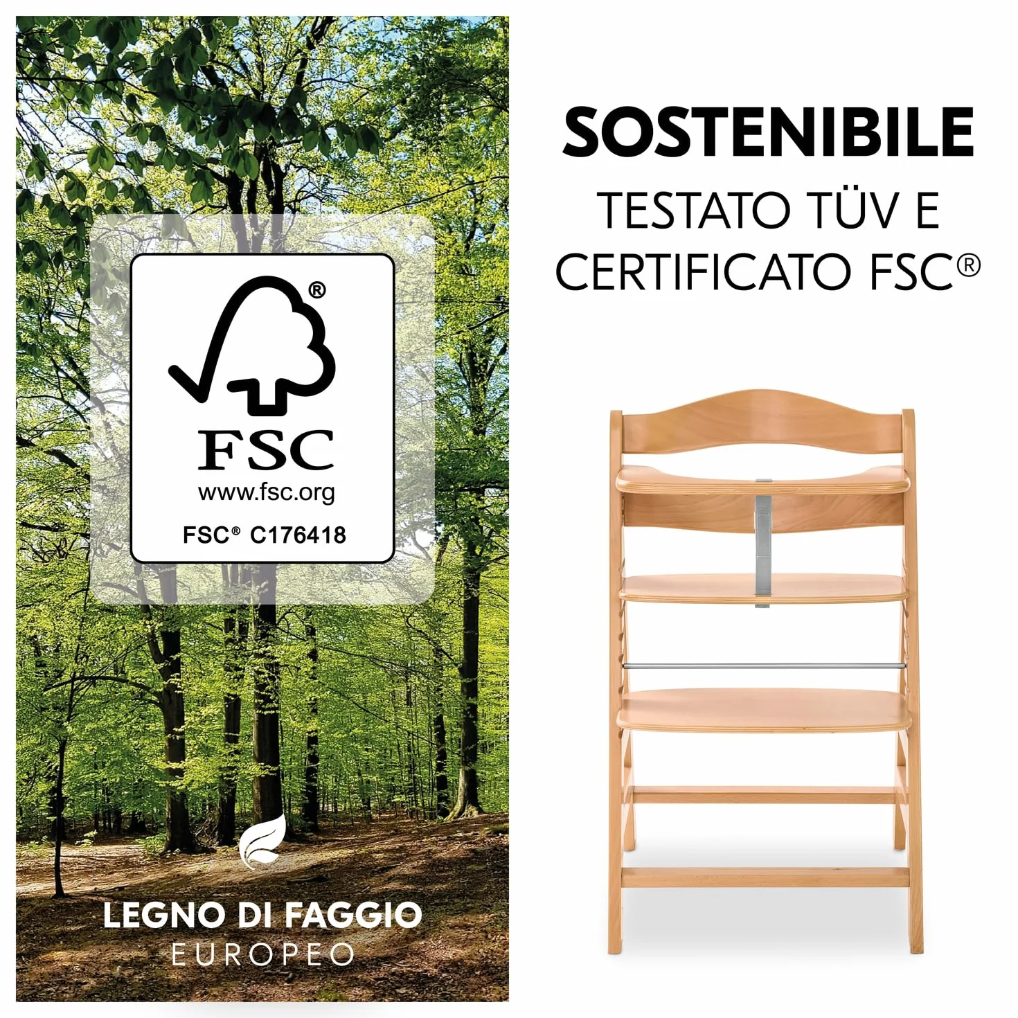 Hauck Seggiolone Pappa Alpha+ Legno FSC® Naturale - Sedia Evolutiva 6 mesi-90 kg con Barra Frontale e Cintura 5 Punti