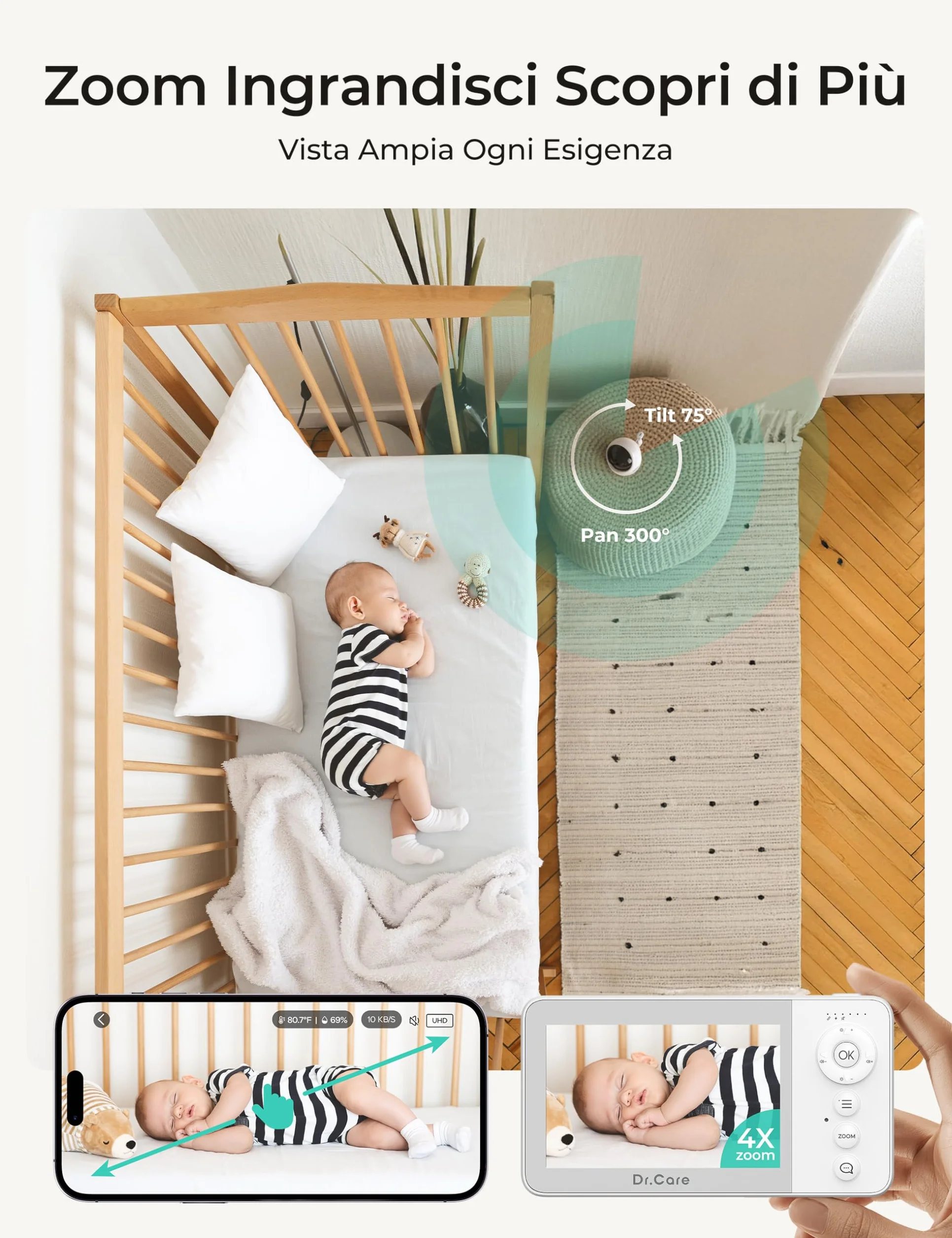 Dr.Care Baby Monitor Video e Audio Smart WiFi con Schermo Diviso 4" 720P e Telecamera 1080P, Visione Notturna HD, Audio Bidirezionale (2 Telecamere + 1 Monitor)