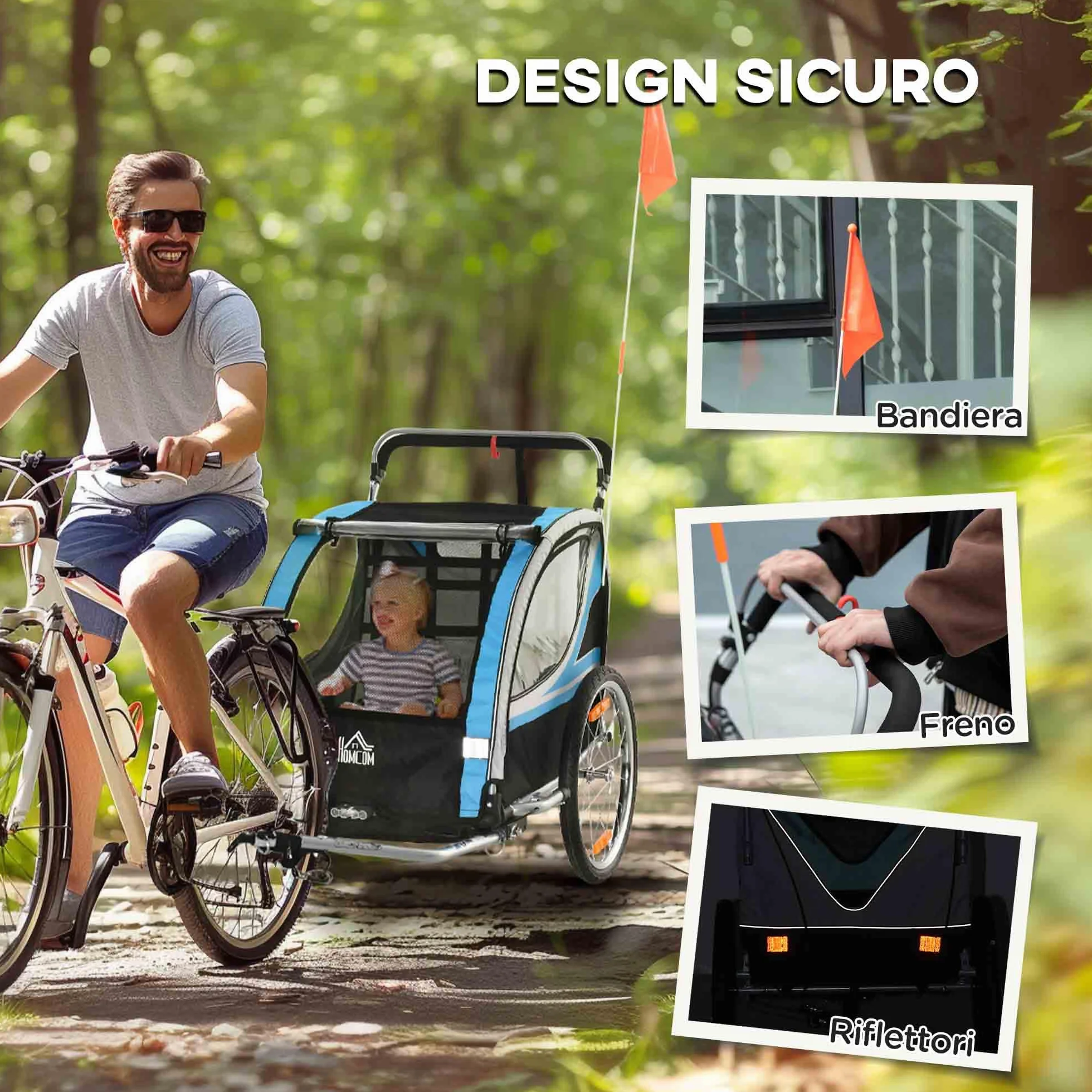 HOMCOM Rimorchio Bici per Bambini 2 in 1 Passeggino con Freno, Cintura a 5 Punti