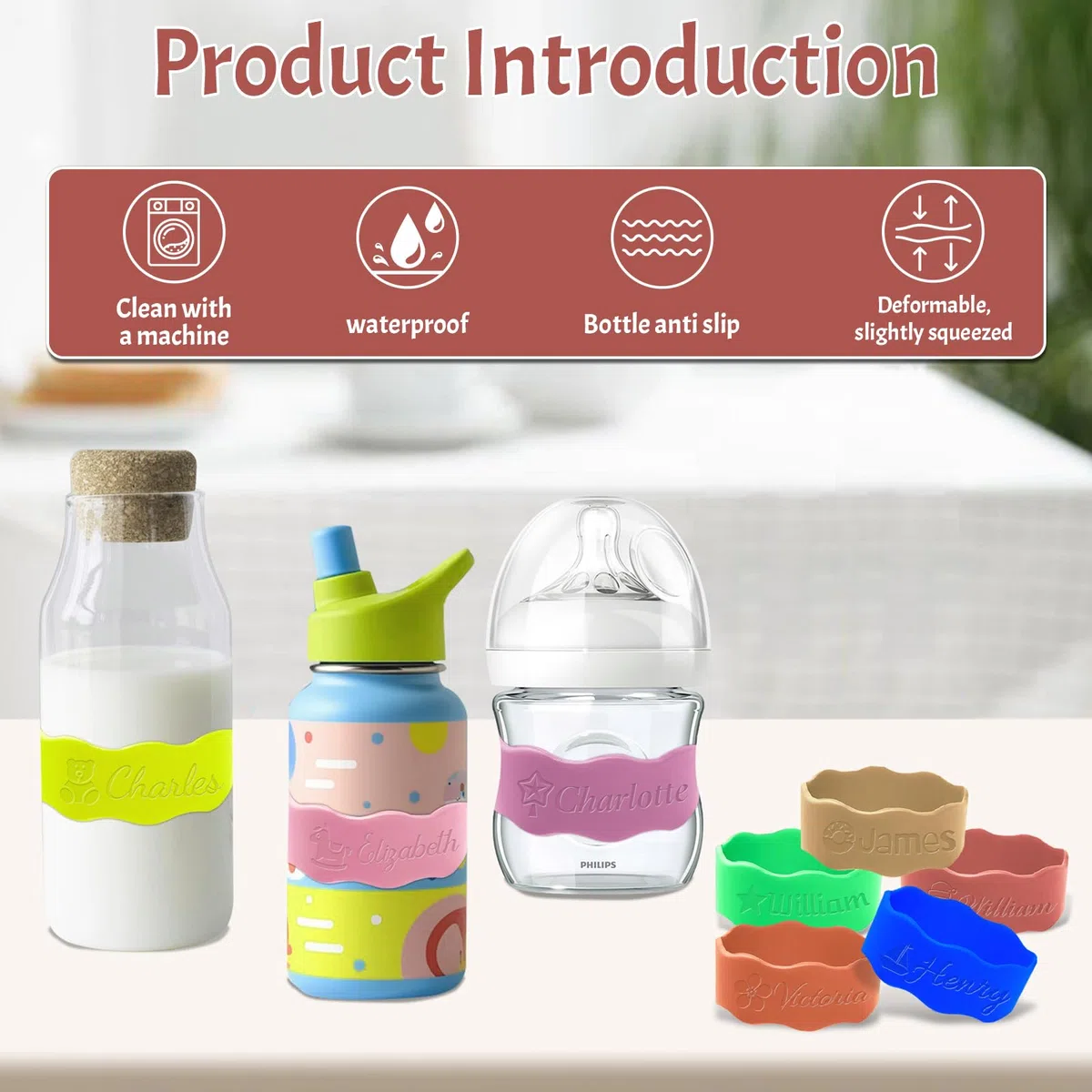 Fasce personalizzate per biberon - Etichette riutilizzabili personalizzate per biberon in silicone, nome inciso per asilo nido.