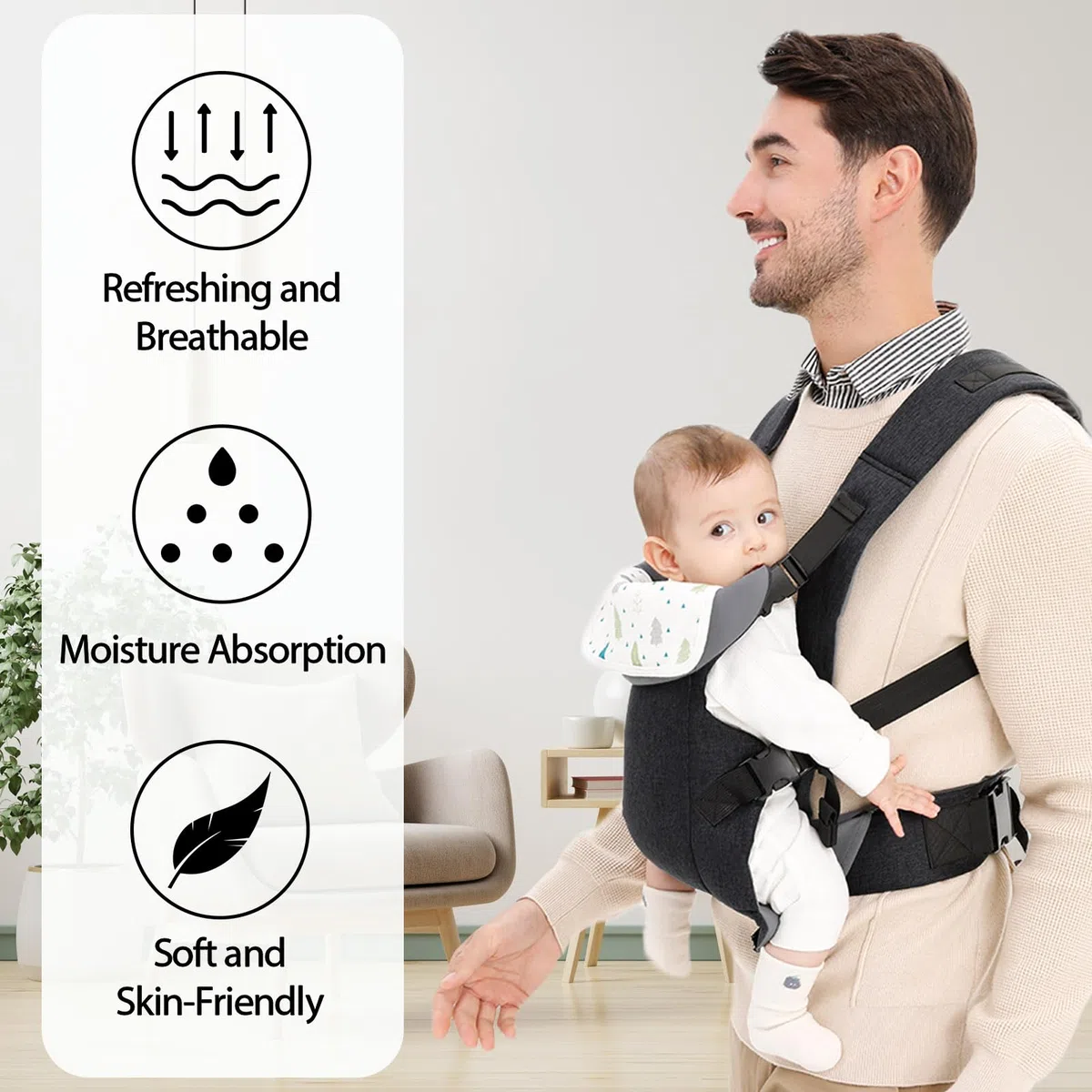 IULONEE Marsupio per Neonati Ergonomico Porta Bebè Portaneonati con Bavaglini Staccabili Baby Carrier Carry Porta bambini 3-36 Mese (3-15kg) (Nero)