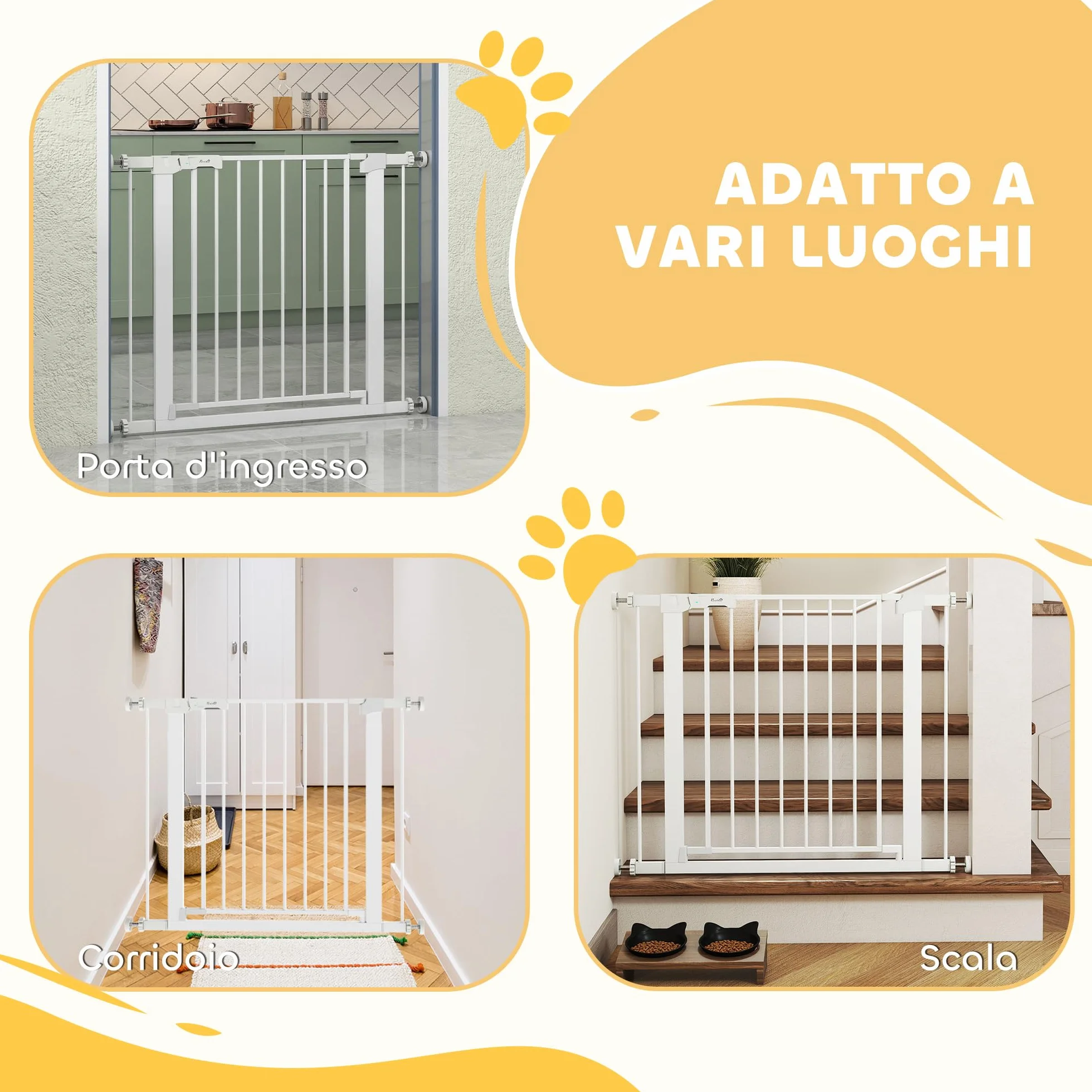 PawHut Cancelletto di Sicurezza per Cani con Fissaggio a Pressione, Cancellino per Cani Estensibile 76-97cm per Scale e Porte, Bianco