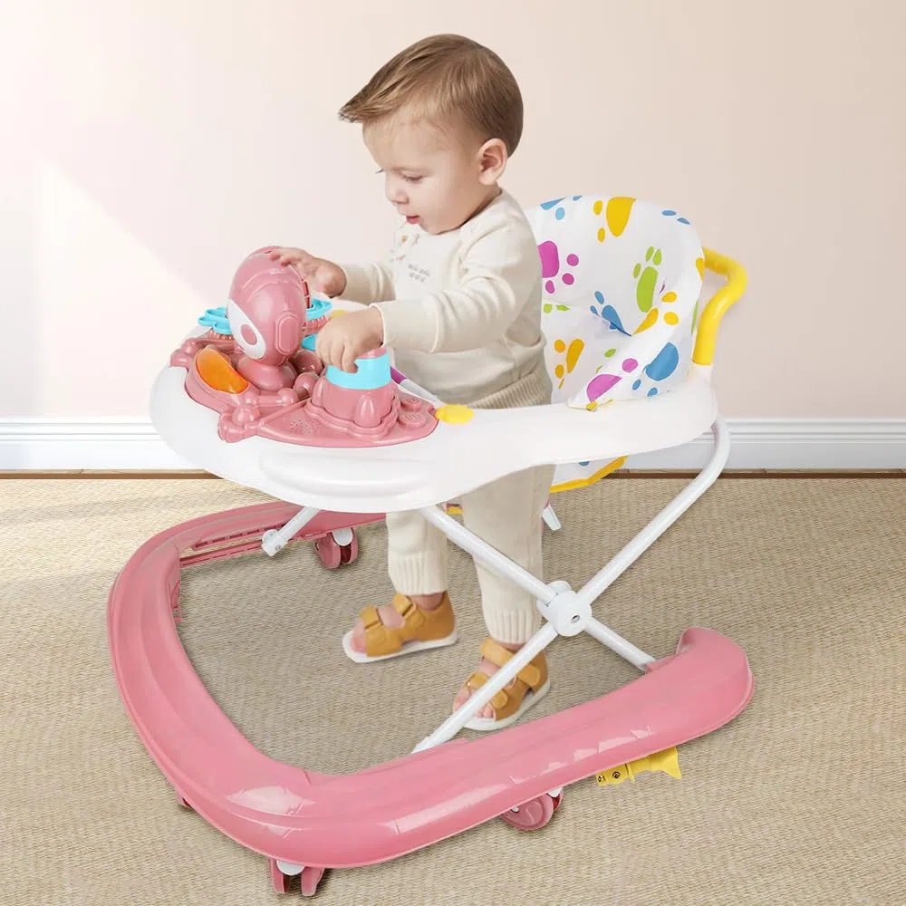 Andador per Bambini e Bambine Scalabile 3 in 1, Andador Pieghevole per Camminare con 3 Altezze Regolabili, Sedile e Vassoio Rimovibili, Centro Attività per 6+ Mesi, Portata 12 KG - 62 x 68 x 36-81 cm
