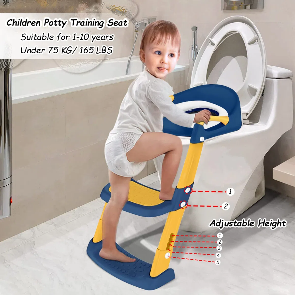 Sedile Riduttore WC per Bambini, Riduttore Water Bambini Regolabile, Toilet Ladder Seat, Pieghevole Training WC Vasino Sedile, Vasino Pieghevole Allenatore WC Scala con Pedali Paraspruzzi Cuscino