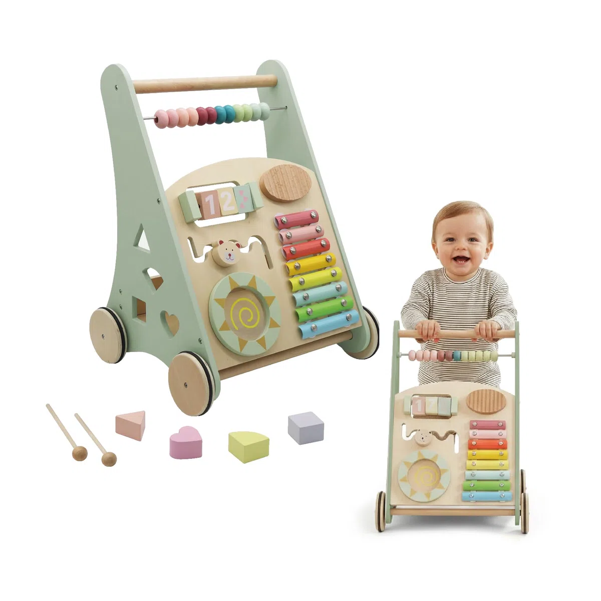 BUDDY BABY Montessori - Walker Baby in legno - Passeggino per primi passi con giocattoli e attività - Passeggino per bambino +12 mesi (Lapponia/Verde)