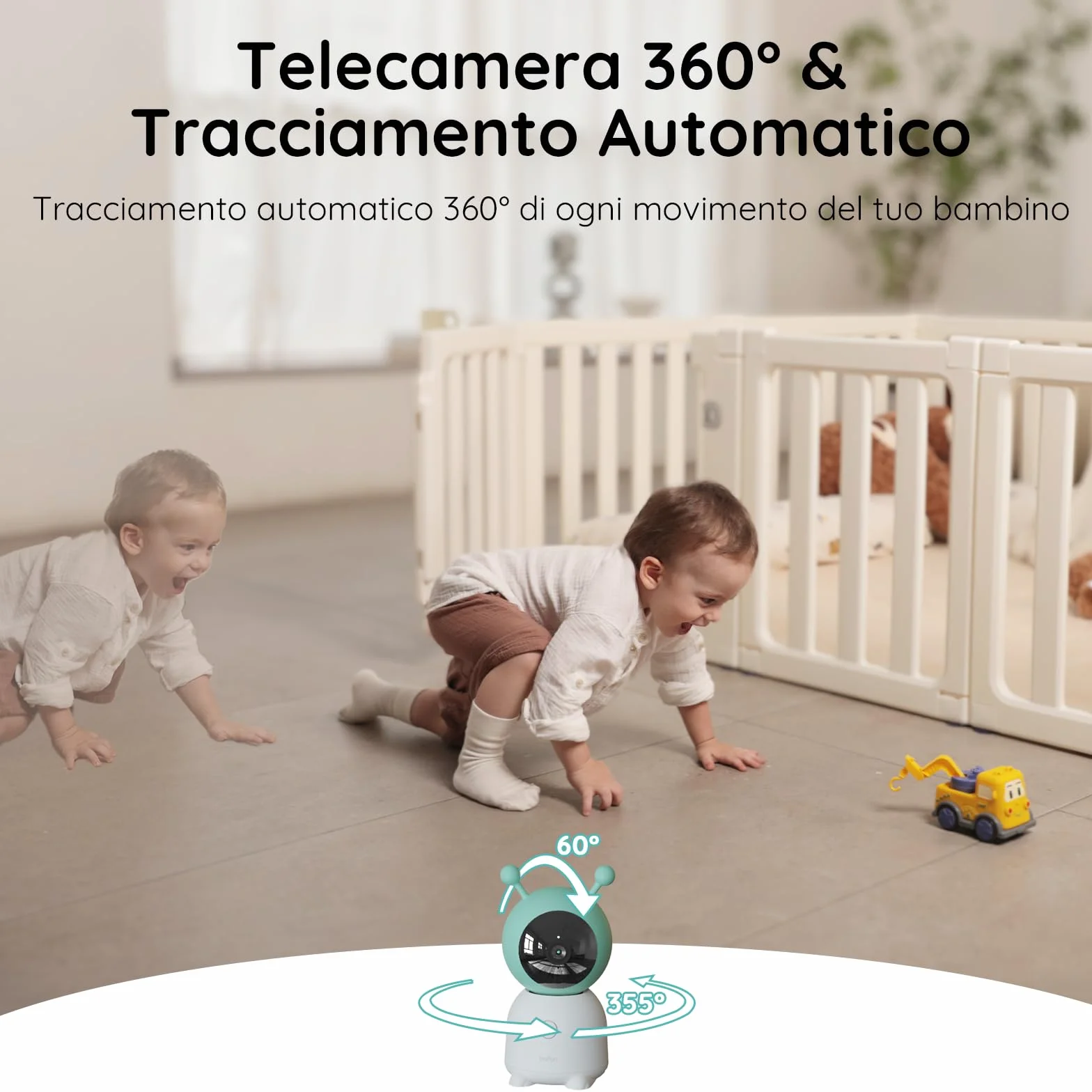 BOIFUN 2K Baby Monitor WiFi 360° con Luci Notturne, Display LCD 5" 3MP, Auto Tracking, Rilevamento Movimento e Suono IA