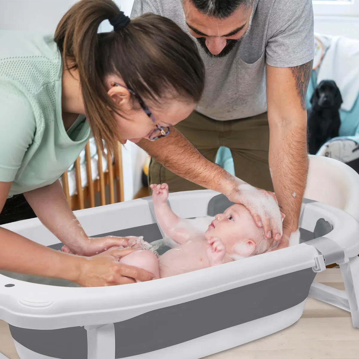 Froadp Vasca da bagno pieghevole per neonati con fori di scarico e poggiapiedi antiscivolo, navicella ergonomica per neonati (antracite, con cuscino)