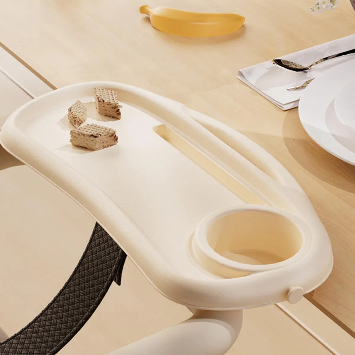 Vassoio per snack per passeggino con portabicchieri, 3 in 1, rimovibile, universale, regolabile, accessorio per passeggino, fissaggio sicuro (beige)
