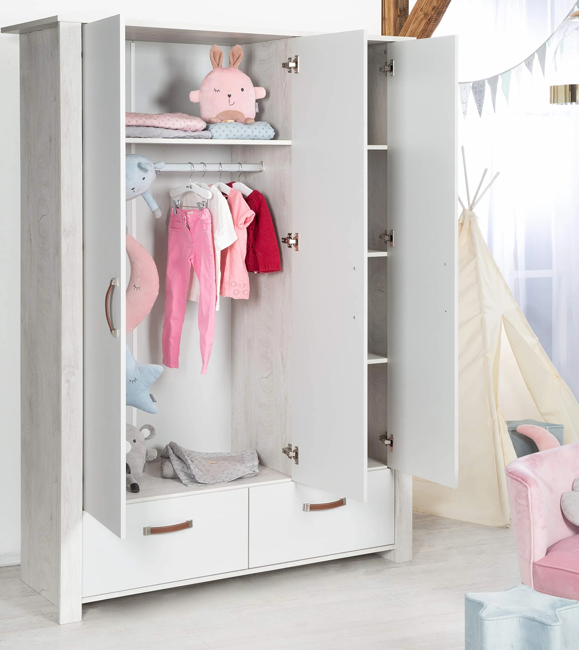 Cameretta per Bambini Mila Lettino Combinato 70x140 cm Fasciatoio Cassettiera Armadio 3 Ante Bianco Grigio