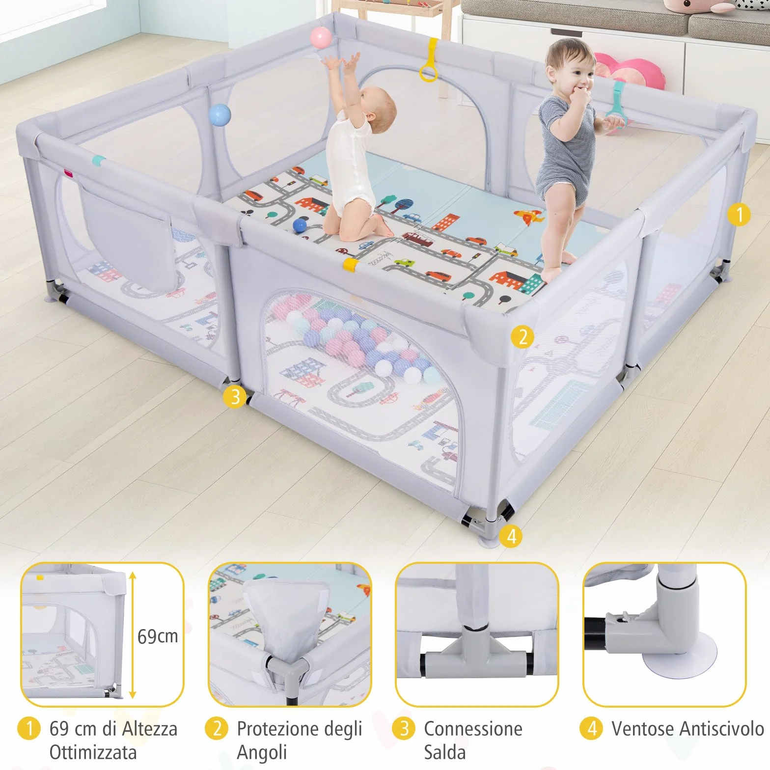 COSTWAY Box per Bambini con Materassino, Recinto per Bambini con 4 Anelli e 50 Palline Colorate, Rete Traspirante, Tasca e Borsa, Box Giochi per Bambino 0-3 Anni (Grigio Chiaro, 189 x 158 cm)