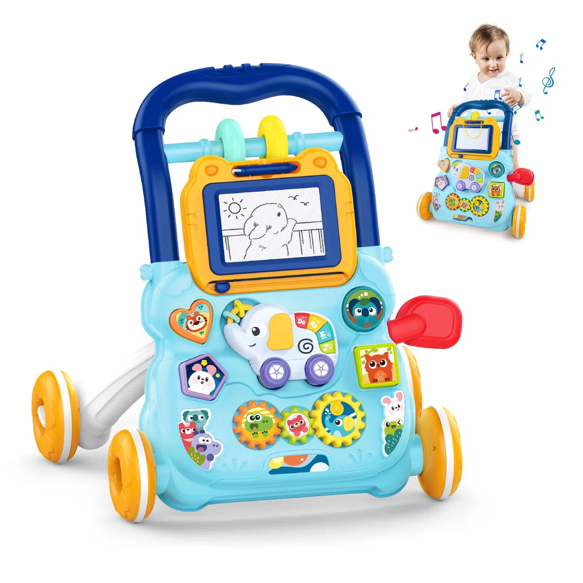Camminatore per Bambini da Seduto a in Piedi, 2 In 1 Giocattolo a Spinta Bambini con Musica e Lavagna da Disegno, Centro di Attività Educativa Precoce Multifunzionale per Neonati 12M+ (Blu)