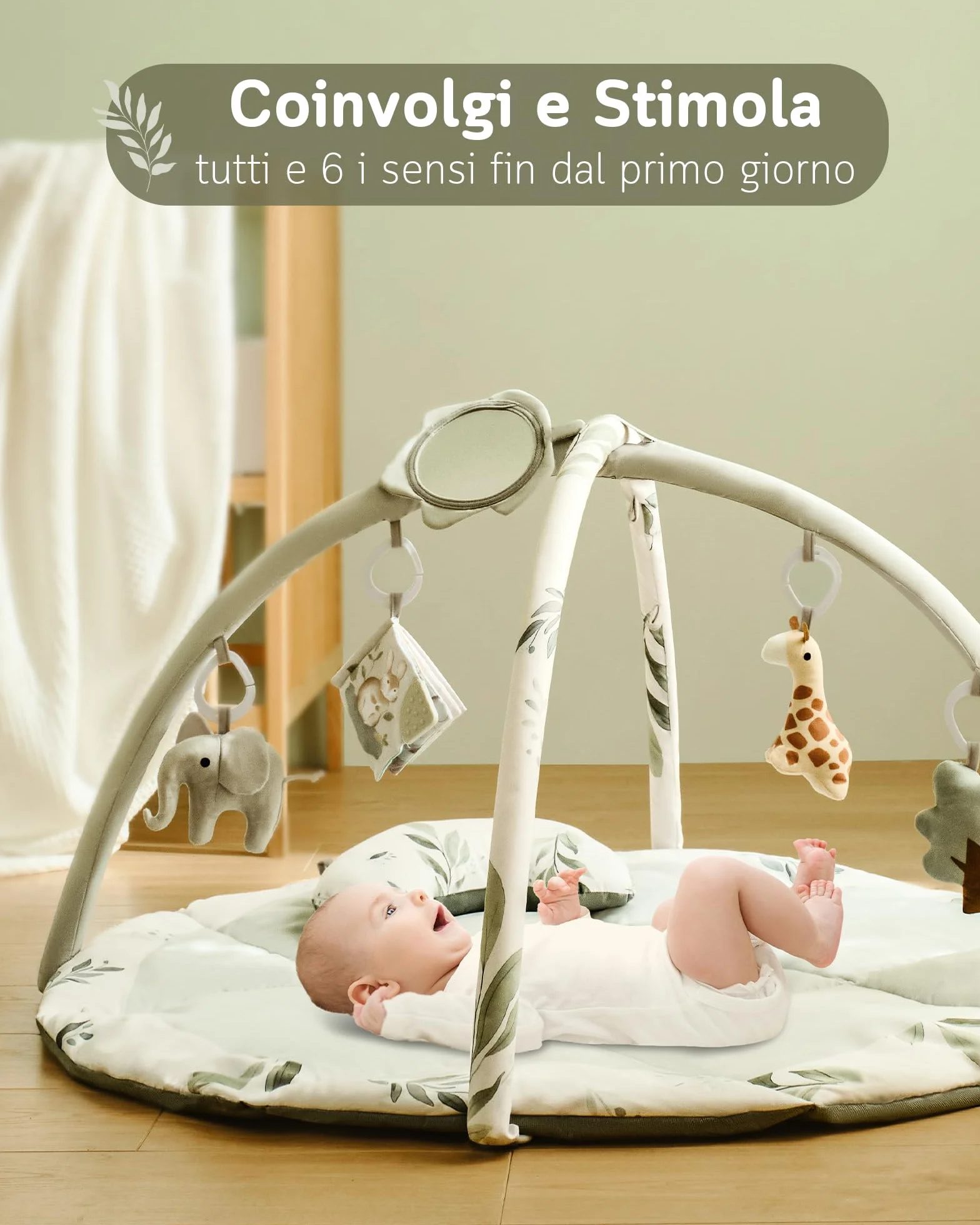 Fortella Palestrina Neonato Evolutiva Tappetino Gioco Attività 5 Giocattoli Sensoriali Specchio Cuscino 0-12 Mesi Verde
