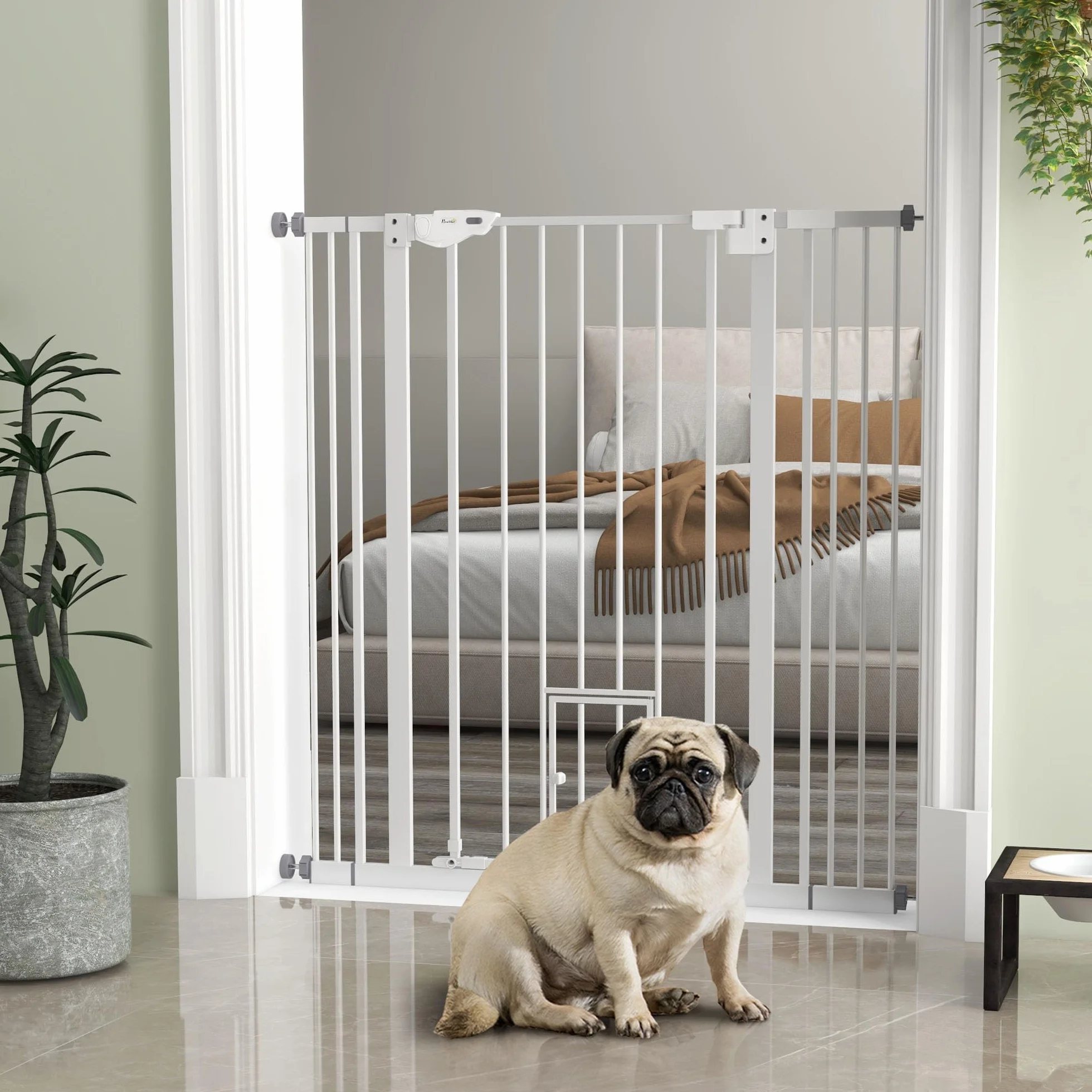 PawHut Cancellino per Cani Regolabile con Porta Piccola, Barriera con Chiusura Automatica, 74-101x104.1 cm, Bianco