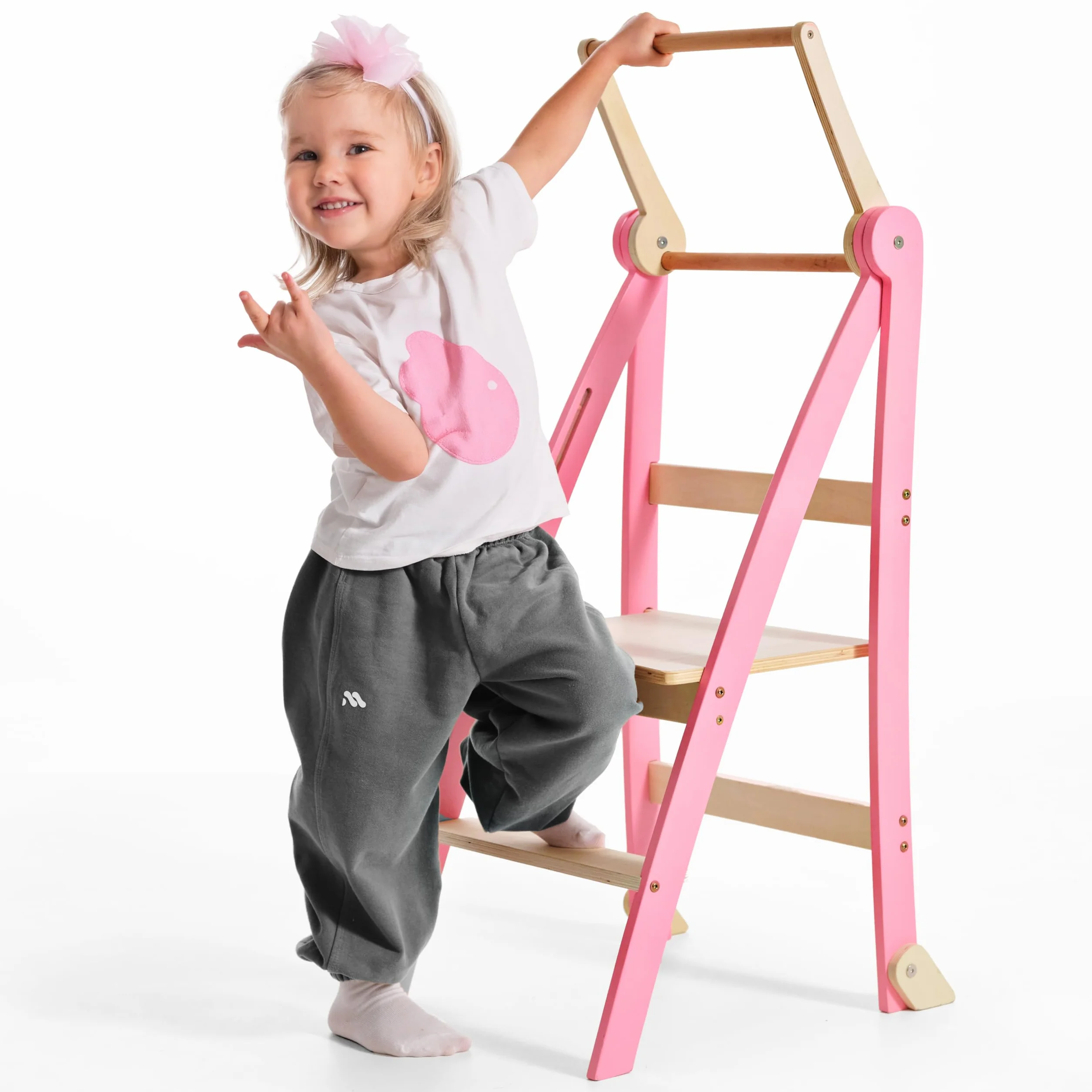 Goodevas Torre di apprendimento in legno Montessori salvaspazio : scala pieghevole in pelle, sgabello per bambini, scala pieghevole per bambini, scala di apprendimento con protezione antiribaltamento