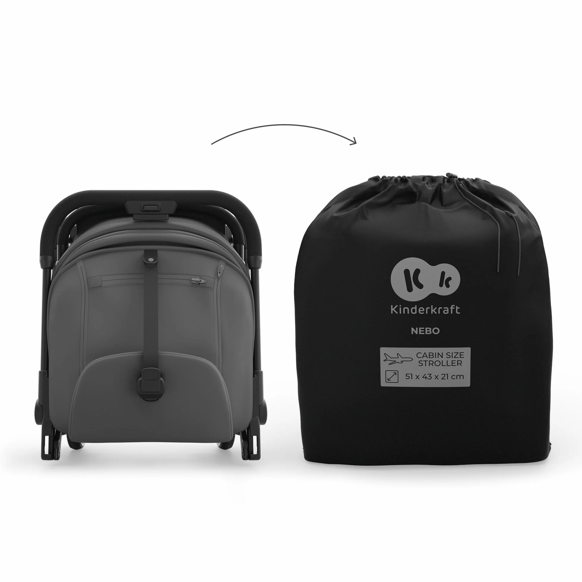 Kinderkraft NEBO passeggino da cabina ultraleggero, chiusura a una mano, resta in piedi, 51x43x21 cm, tracolla e borsa, posizione distesa, cinture 5 punti, Grigio