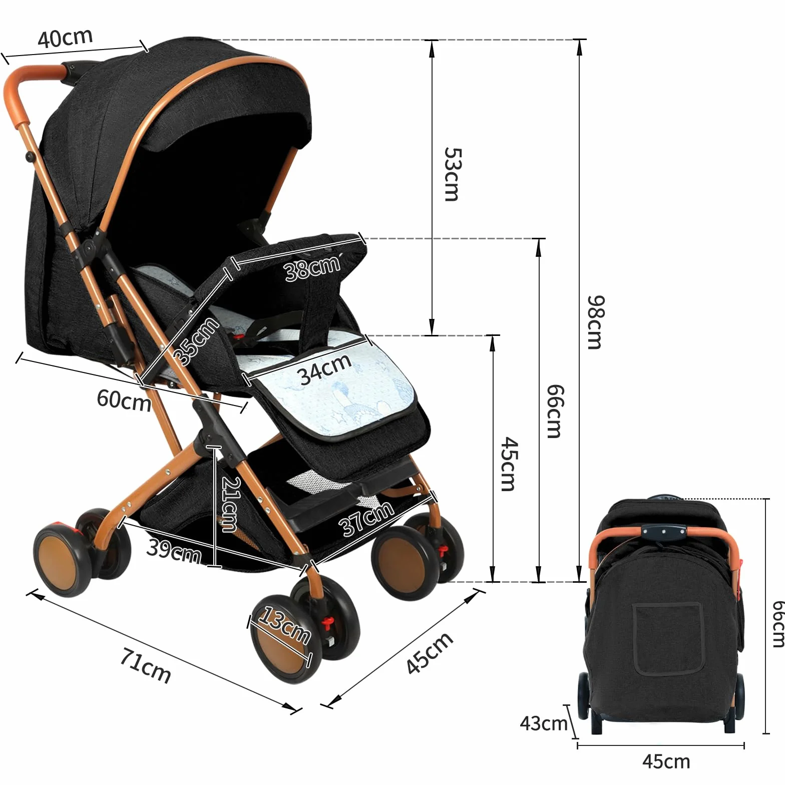 Homewell Passeggino Pieghevole per Bambini 0-6 Anni, Sdraiati Piatti, Pieghevole Una Mano, Cintura Sicurezza, Tettuccio Parasole (Nero)