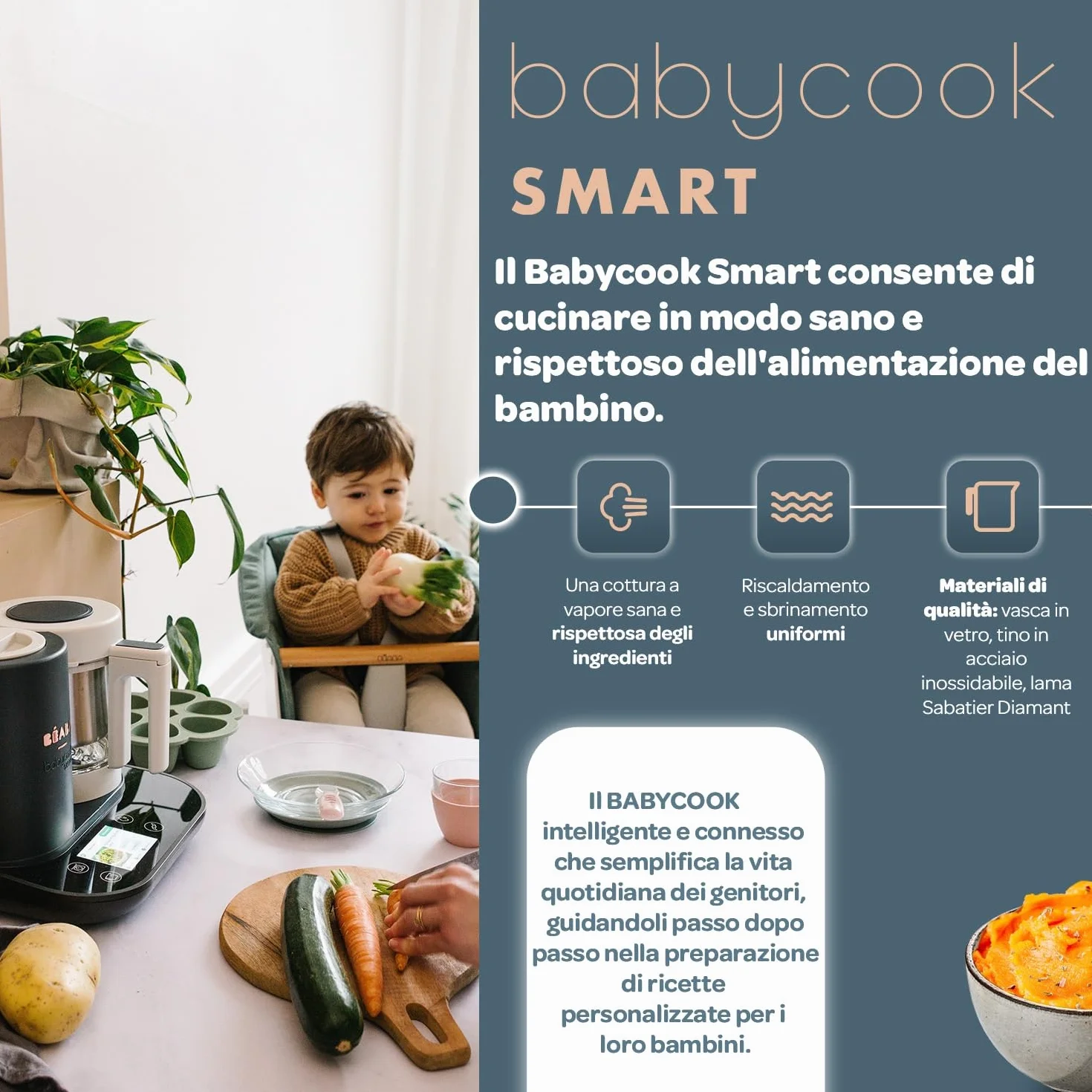 BÉABA BabycookSmart, Cuoci Pappa per Bambini, Bilancia, Ciotola in Vetro, Cestino Acciaio Inox, 2.25 L, Cottura Vapore, Schermo Tattile, Antracite