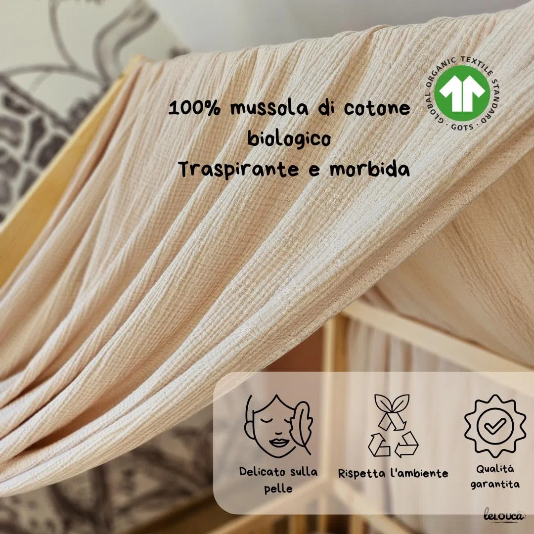 Tenda Letto Bambini Cotone Bio Beige, 100 x 350 cm, Tenda Letto Montessori, Set di decorazioni per la cambretta dei bambini con elementi decorativi e foglia inclusa