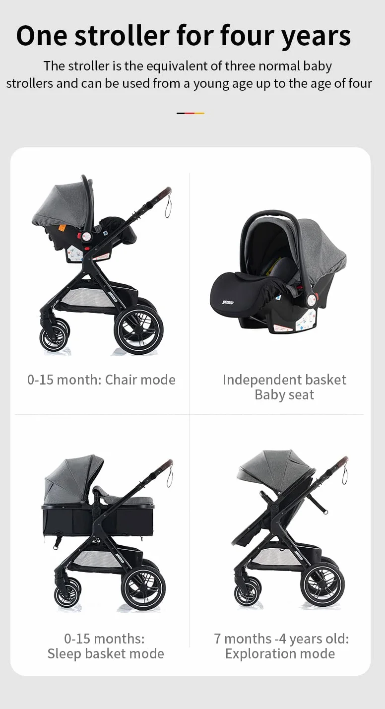 Passeggino 3 in 1 Carrozzina Multifunzionale Pieghevole Neonato Khaki