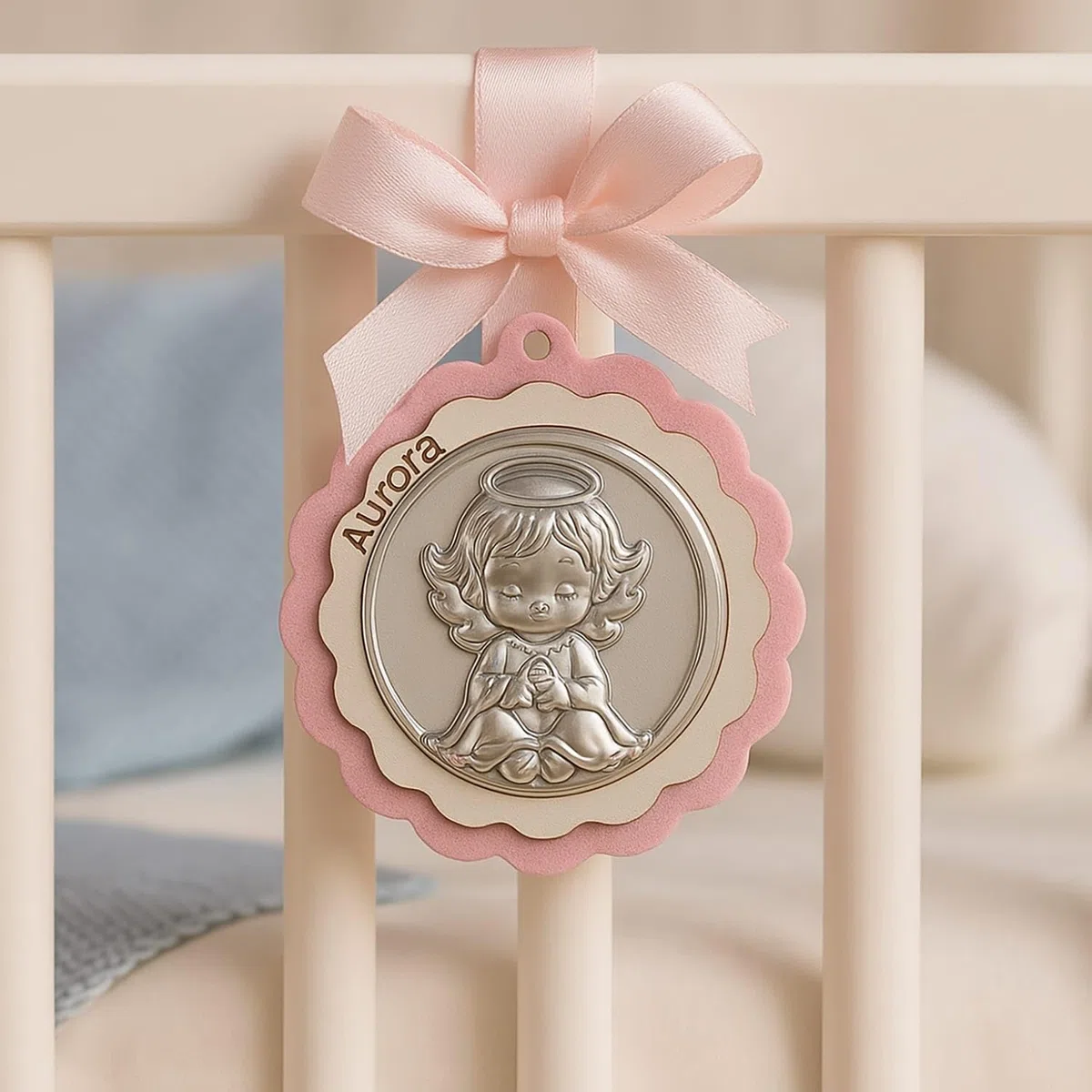 Medaglione Capoculla Angelo in Argento perfetto come idea regalo nascita o regalo battesimo da appendere alla culla, al passeggino o in cameretta del neonato con nome Personalizzato (Rosa)