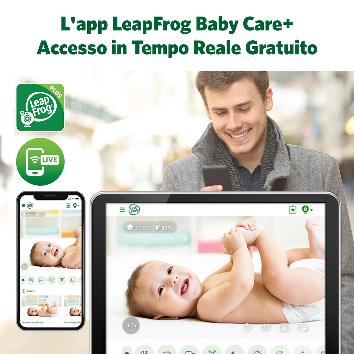 LeapFrog LF1911 Baby Monitor con video in 1080HD,App gratuita con rilevamento del movimento e del rumore,visione notturna a colori,modalità privacy,telecomando dello zoom a inclinazione di rotazione