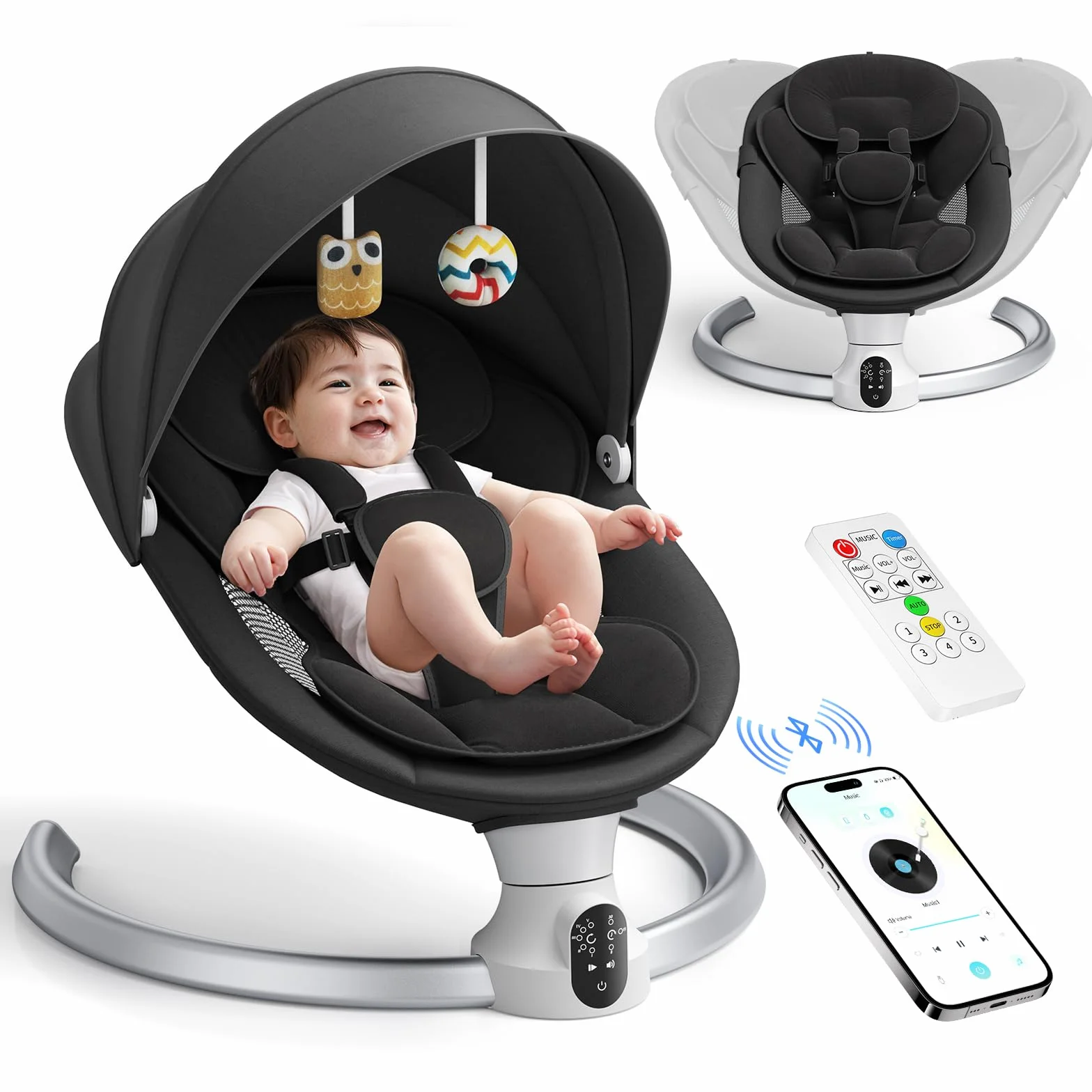 Sdraietta Neonati Elettrica - App e Telecomando Dondolo Bambina Elettrico con 3 timer, 5 Velocità di Altalena, 10 Musiche, Sdraietta Neonati Bluetooth Imbottita Morbida Baby (APP Nero)