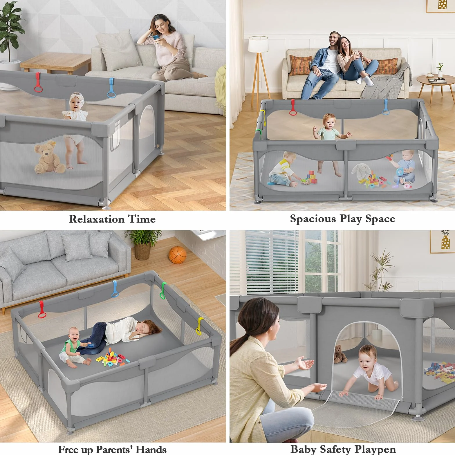 Box Bambini 200 x 180 x 68 cm, Recinto per Bambini Grande con Base a Ventosa, Tessuto Oxford 300D, Facile da Montare e da Pulire, Box Neonato - Senza Tappeto & Palline, Grigio