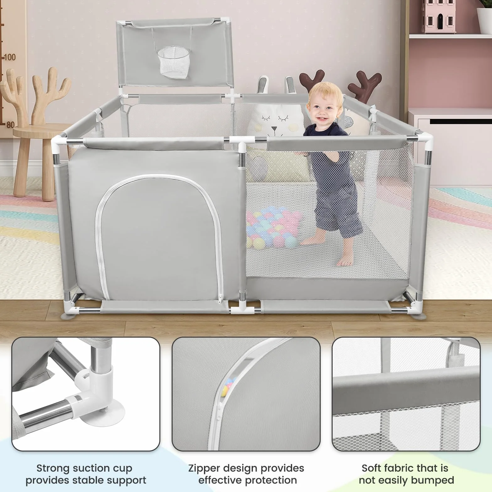 Box con porta a cerniera per bambini con ventose 126 x 126 x 66 cm grigio chiaro 50 palline