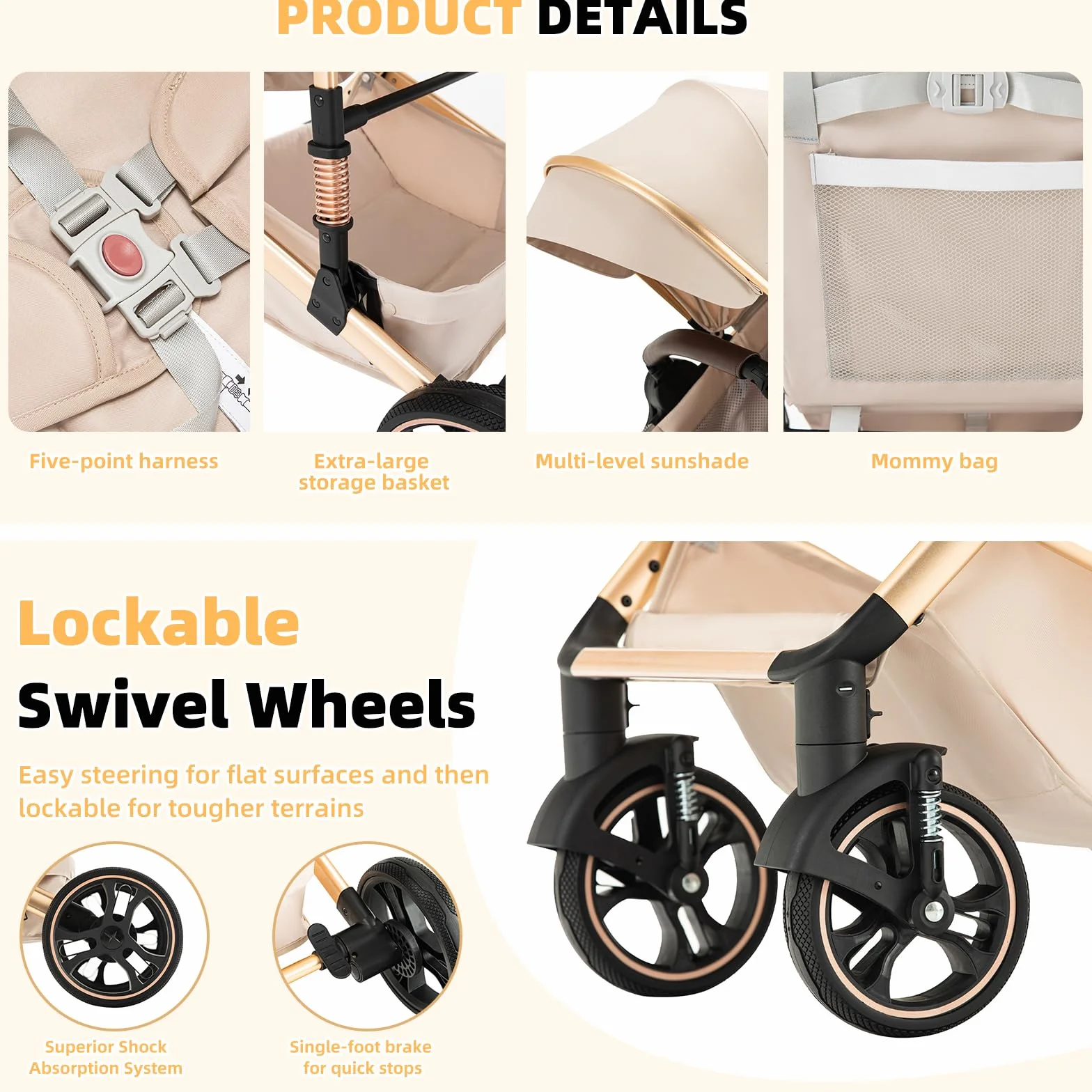 Passeggino 3 in 1 Grandi Ruote Pneumatici in Gomma Carrozzina Ovetto Schienale Regolabile Reclinabile (H9/PINK)