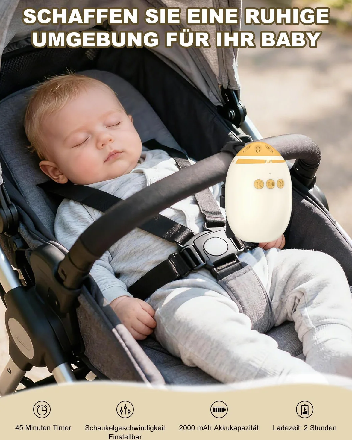 Passeggino con rumore bianco, vibratore per passeggino con 11 suoni rilassanti, supporto per dormire ricaricabile, regolazione continua, funzione portatile e Bluetooth per passeggini e passeggini