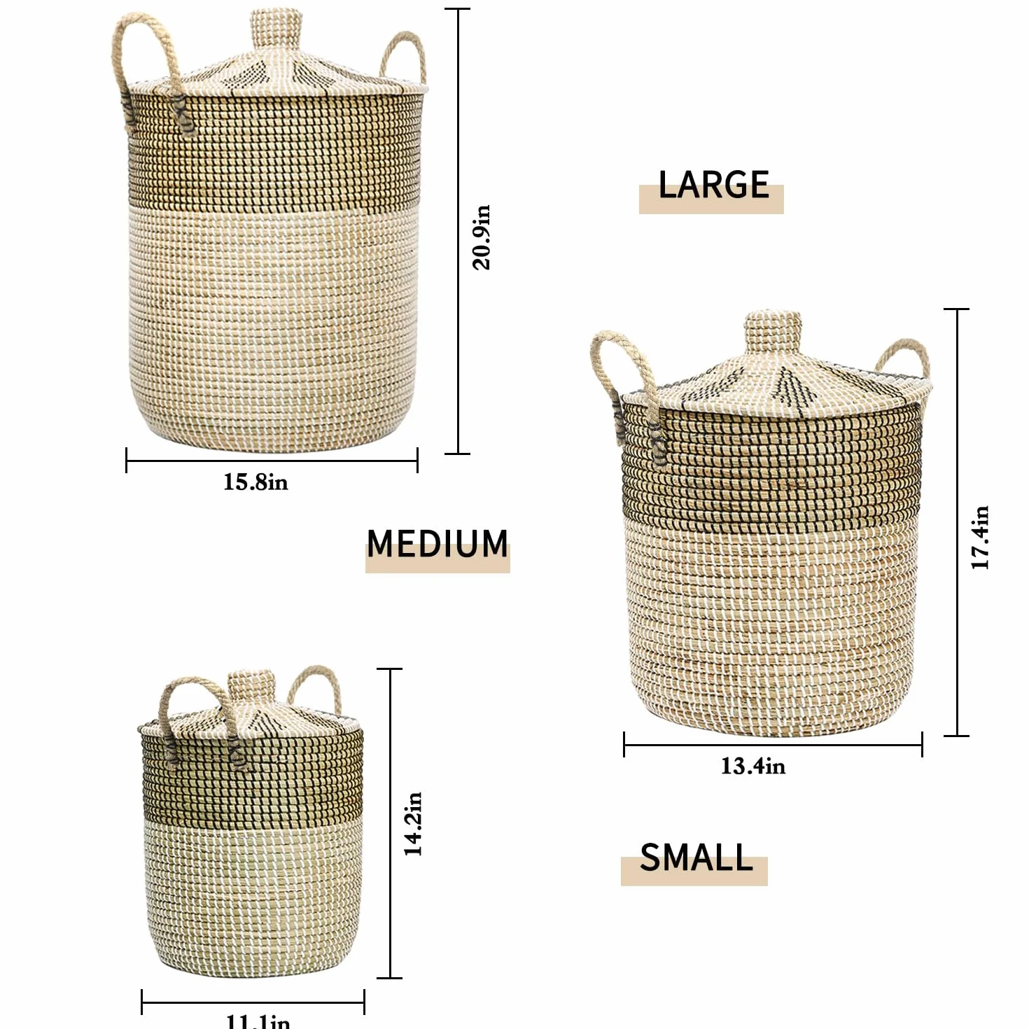 3 Set di cesti per biancheria intrecciati con coperchio, di varie dimensioni 76L+43L+26L, cesto con tasche e manici, cesti portaoggetti in zostera realizzati a mano, per biancheria o coperte in bagno