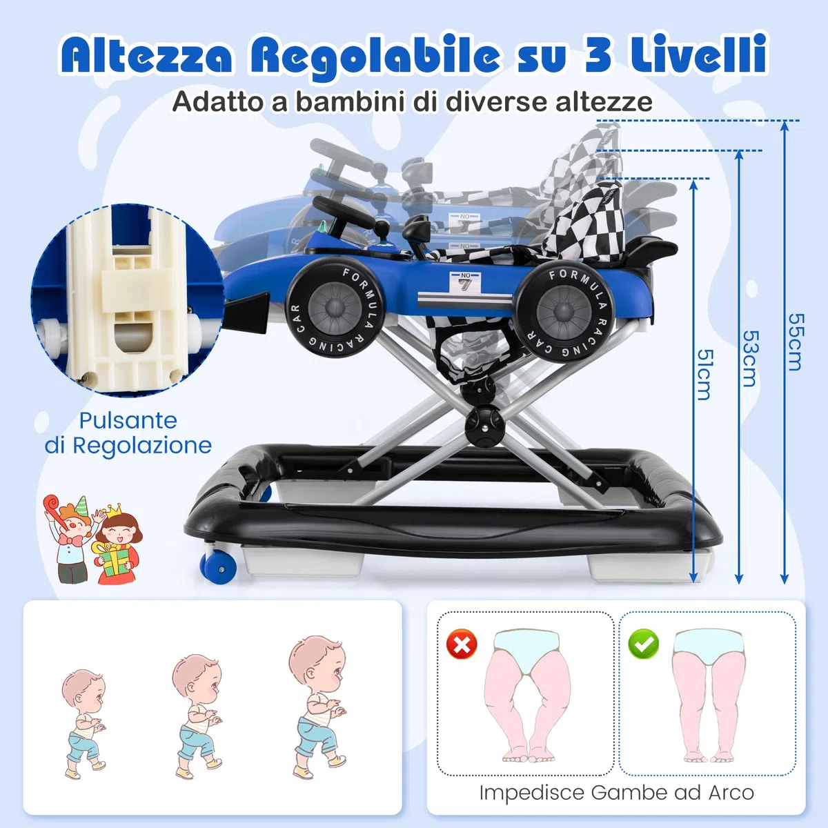 COSTWAY 4 in 1 Girello per Bambini, Altezza Regolabile a 3 Livelli, Passeggino per Bambini, con Volante Imbottito e Scatola Musicale, Portata 12 kg, per Bambini 6-18 Mesi (Blu)