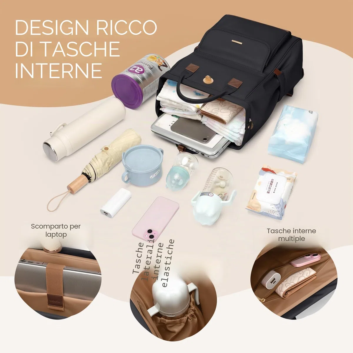 Zaino per pannolini, borsa per pannolini multifunzione resistente all'acqua con gancio, borsa per pannolini da appendere casual per mamma