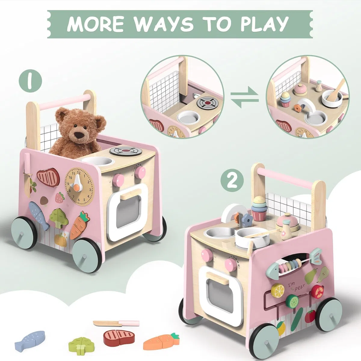 VITONIS Girello per Bambini di Legno, Carrello Primi Passi con 8 Giochi Interattivi, Girello Montessori Push Walker Regalo per Bambini e Ragazze