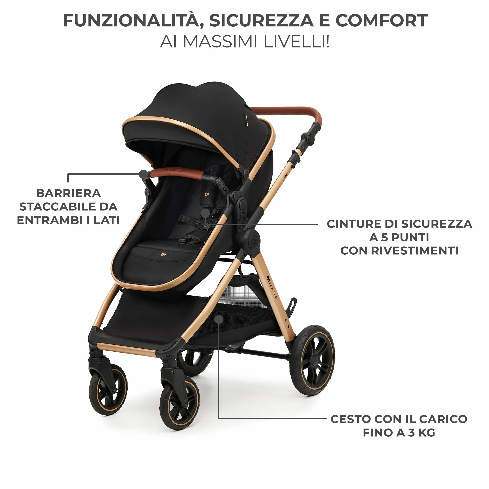 Kinderkraft ESME Trio 3 w 1 Passeggino Neonati 26 kg Ovetto I-SIZE 40-75 cm Carrozzina Reversibile Pieghevole Nero