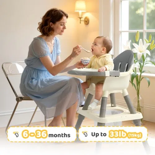 BONNLO Seggiolone Evolutivo per Bambini 7 IN 1, Imbottitura Confortevole, Doppio Vassoio, 6 Mesi-3 Anni 6-15 kg, Pieghevole Ultra Compatto, Leggero 4,9 kg, Grigio (Grigio)