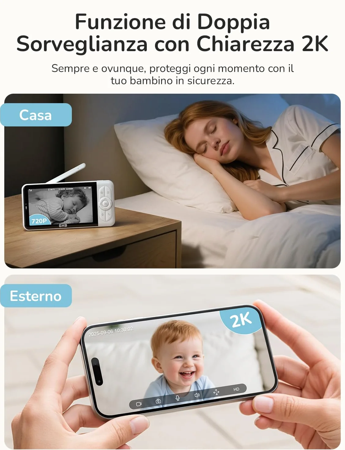 Monitor Baby WiFi con App, IPS 5'', 2K, PTZ 350°/65°, 3000mAh, Rilevamento Movimento/Pianto/Temperatura, Visione Notturna