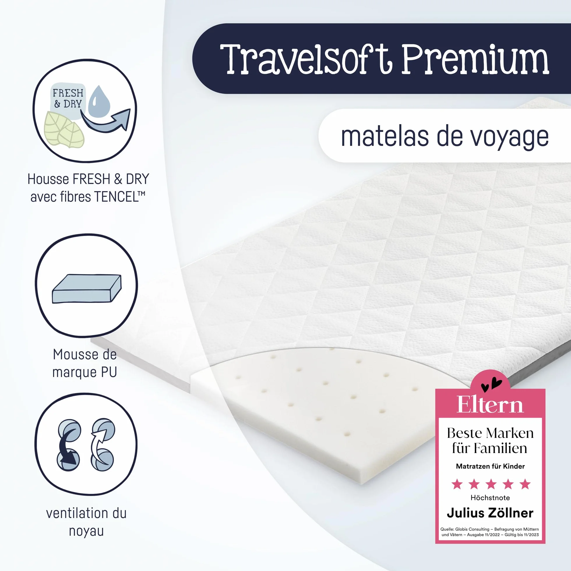 Julius Zöllner 7120100000 Materasso per lettino da viaggio Travel Soft Premium, 60 x 120 cm
