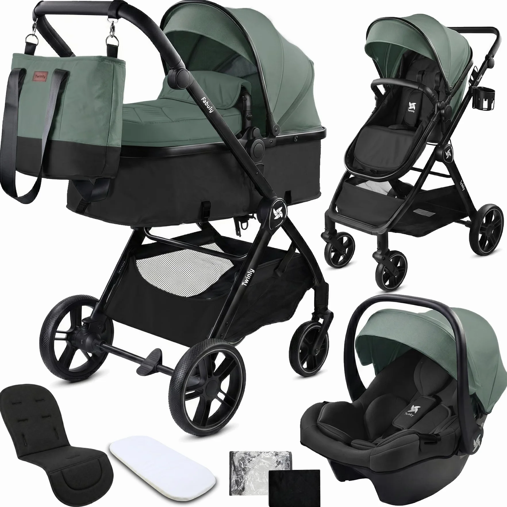 Passeggino Trio 3 in 1 Sistema Modulare Carrozzina Neonati Ovetto Auto Verde 25 kg