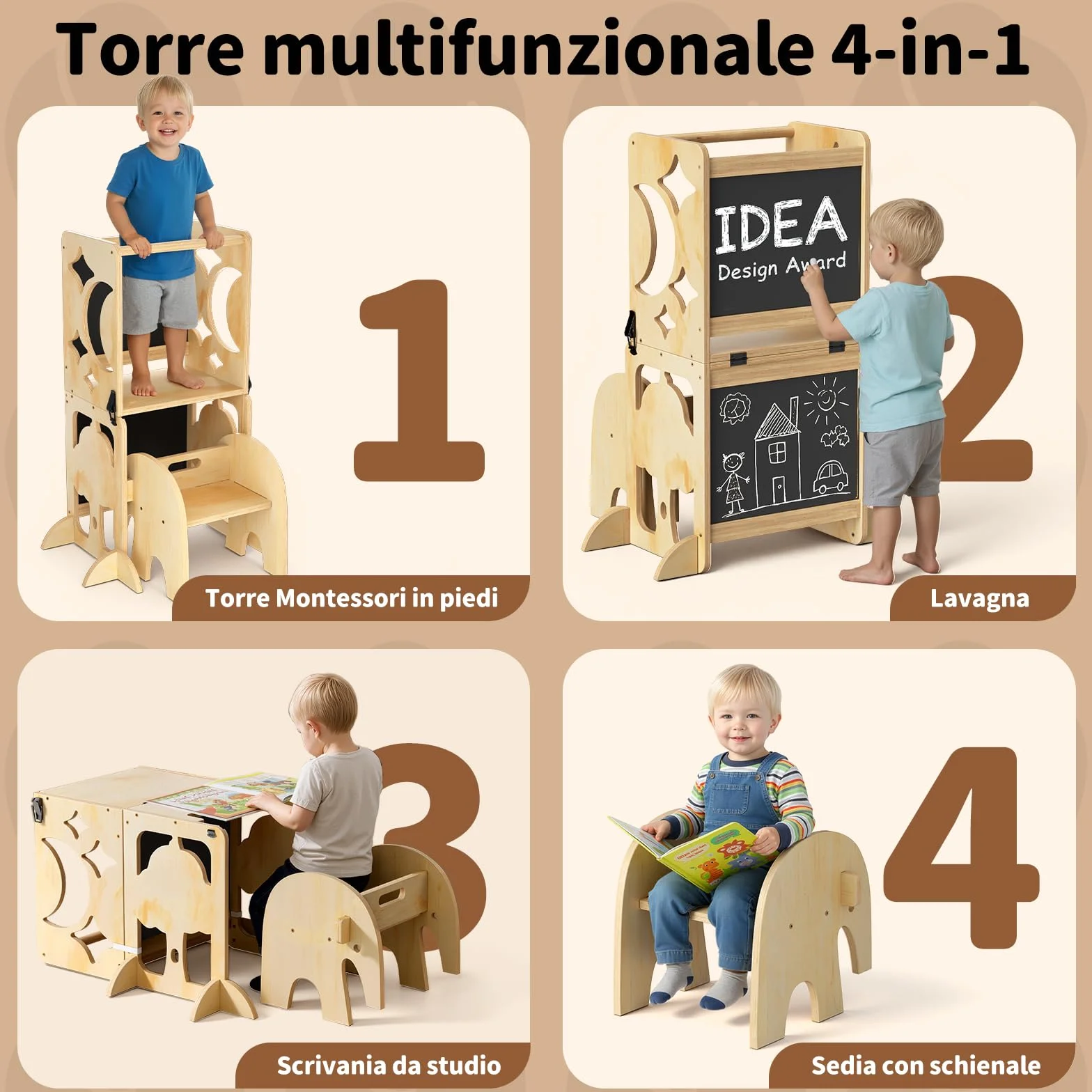 COSYLAND Torre Montessoriana Bambini 4 in 1 - Torretta Montessoriana con Scrivania e Sedia in Legno Naturale