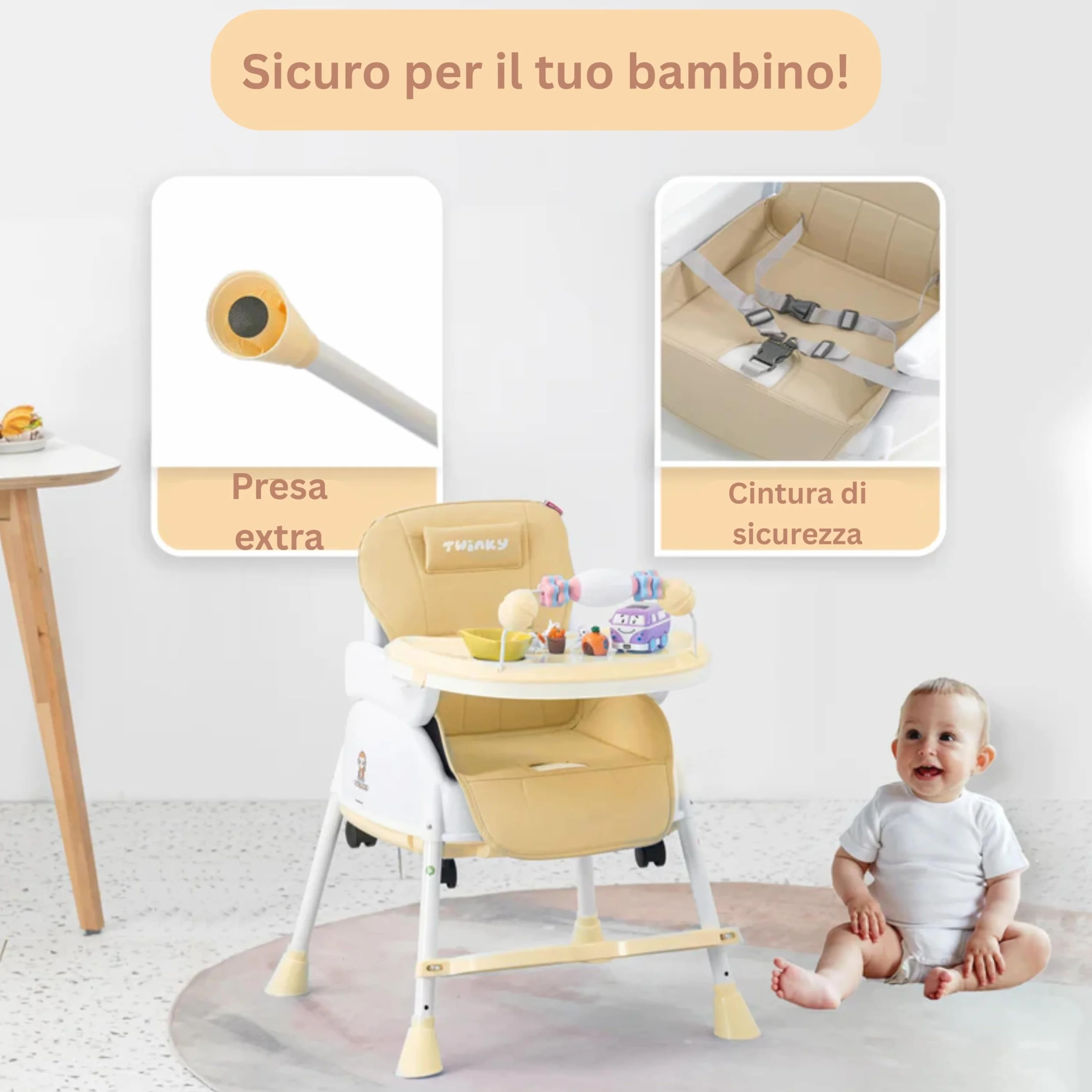 Twinky Seggiolone Pappa Evolutivo 0-36 Mesi Regolabile Portatile Design Sicuro Comfort