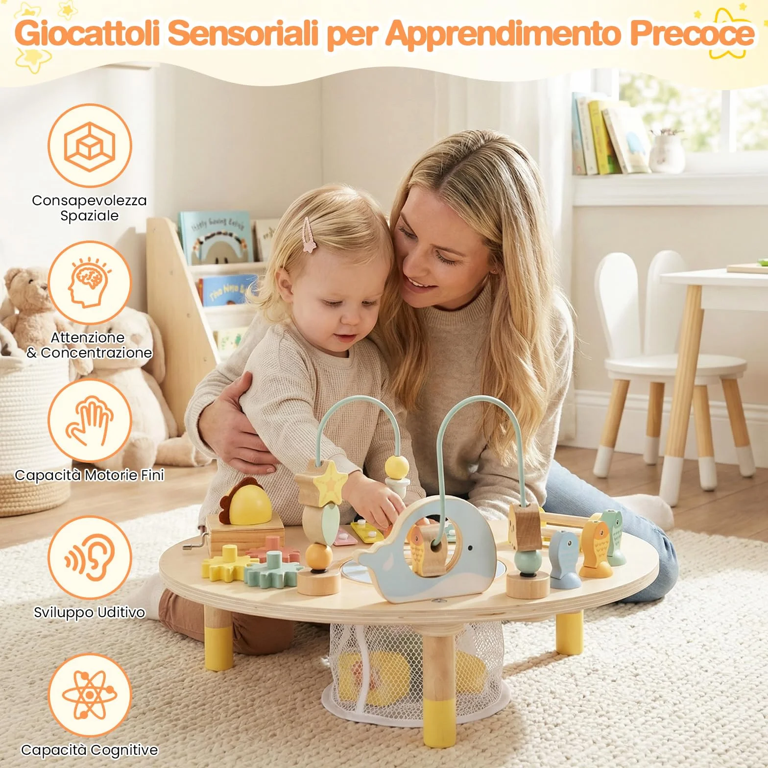 COSTWAY Centro di Attività Musicale in Legno Tavolo Multiattività Bambini 7-in-1 con Labirinto di Perle Xilofono Giochi Montessori