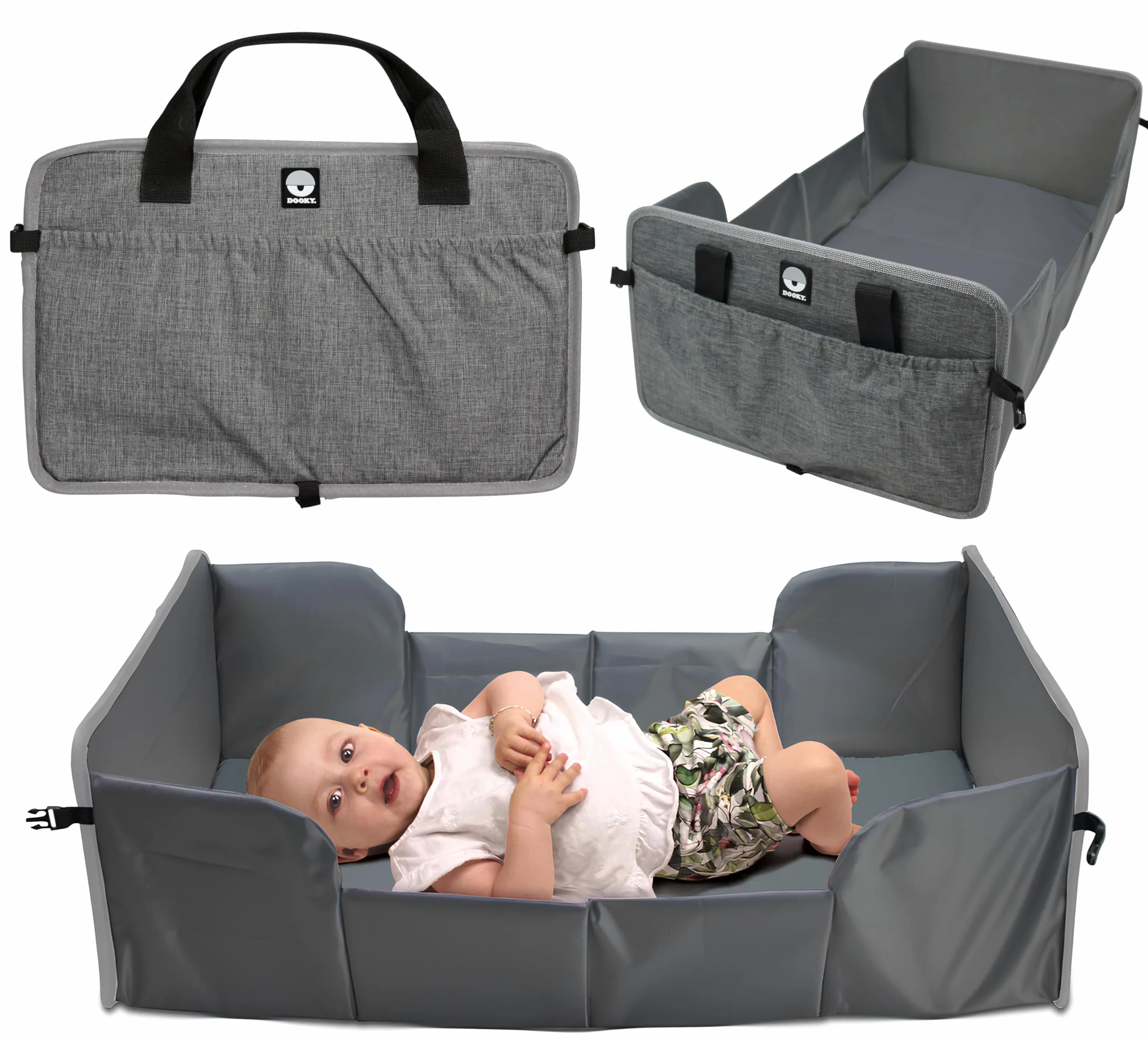 Dooky Original Traveller - lettino pieghevole per bambini - super leggero, tasche esterne, 41 x 74 cm (assemblato) /41 x 26 cm (piegato), 100% poliestere, nero