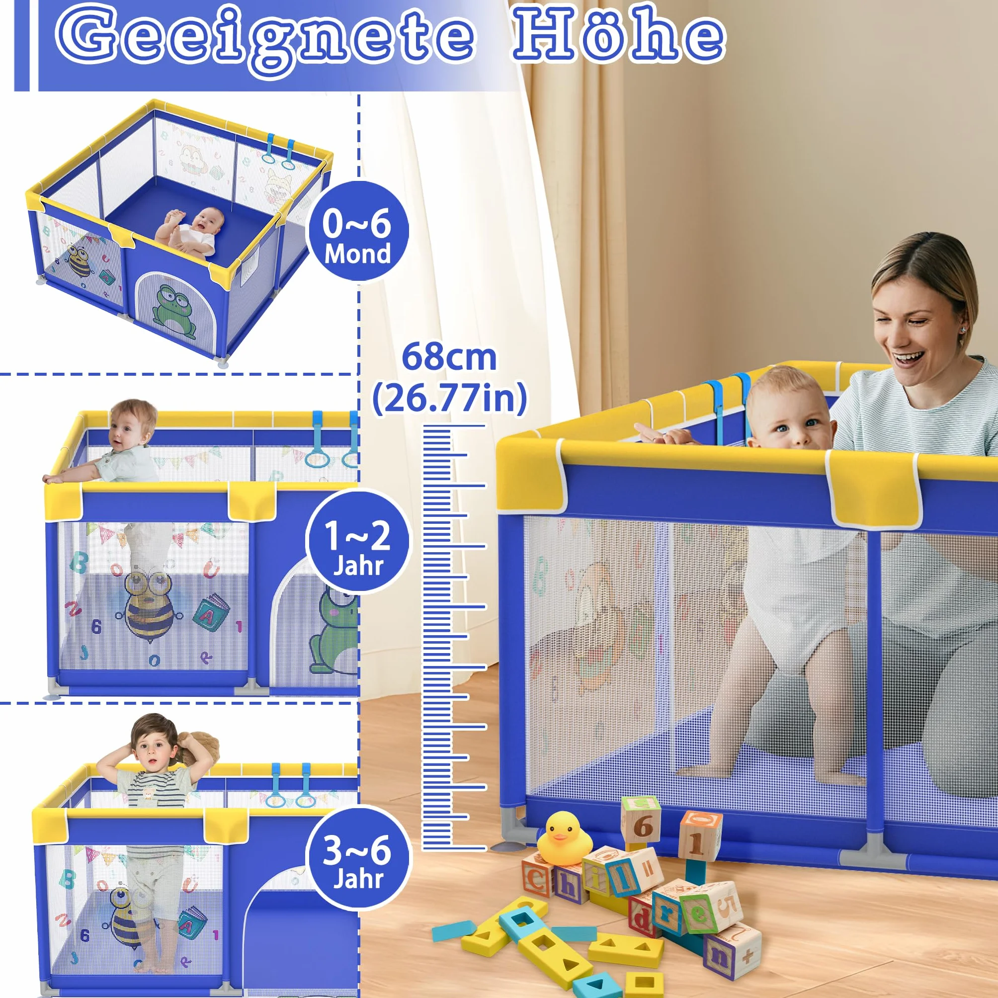 Aufun Box per Bambini, Tela 300D Oxford, con Schiuma Anti-Collisione, Griglia di Blocco, Rete Traspirante, Cerniera (Blu, 180x200x68 cm)
