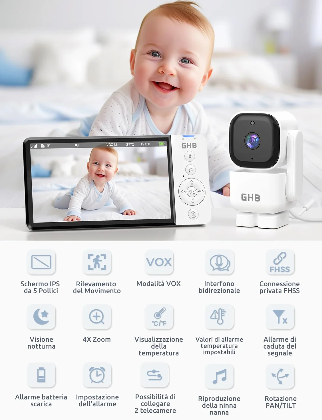 GHB Baby Monitor 5" 720HD 168 Ore Autonomia 350° Telecamera Rotante Rilevamento Temperatura VOX Visione Notturna