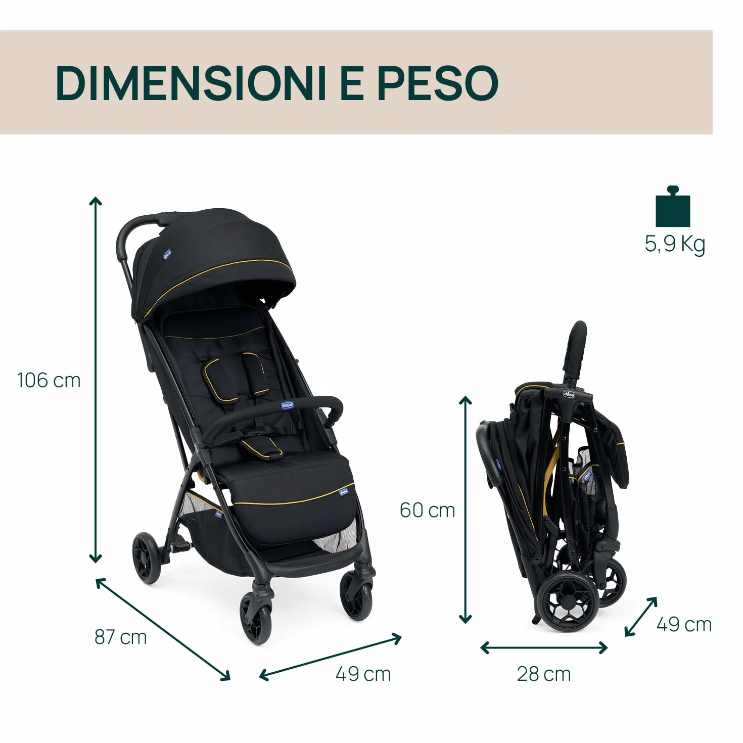 Chicco Glee Passeggino 0+ Mesi-22 Kg Chiusura Automatica Compatta Capotte UV50+ Antipioggia Schienale Reclinabile Poggiagambe Grigio