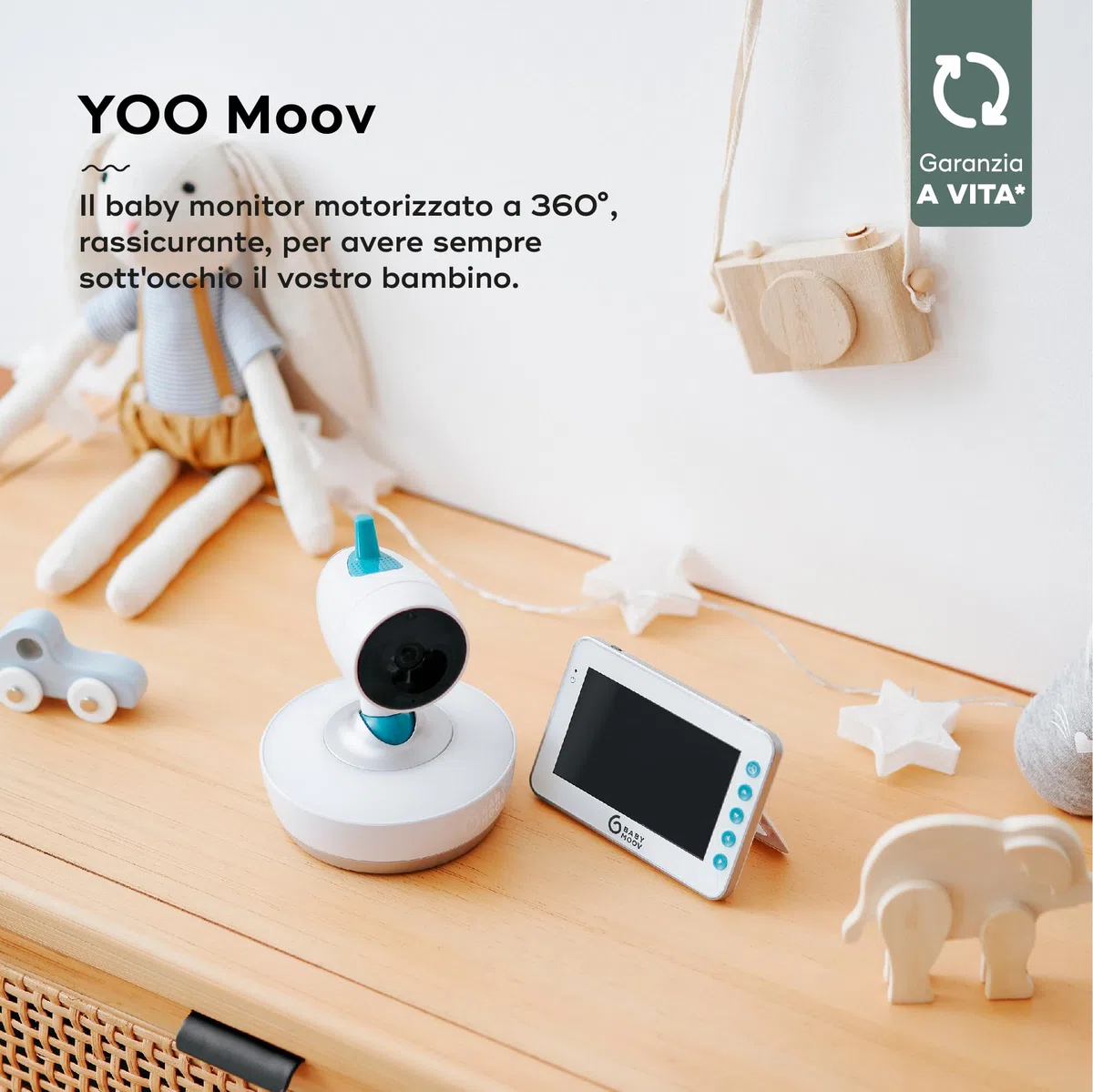 Babymoov Yoo Moov Baby Monitor Video Motorizzato 360°, Tutto in Uno, Bianco