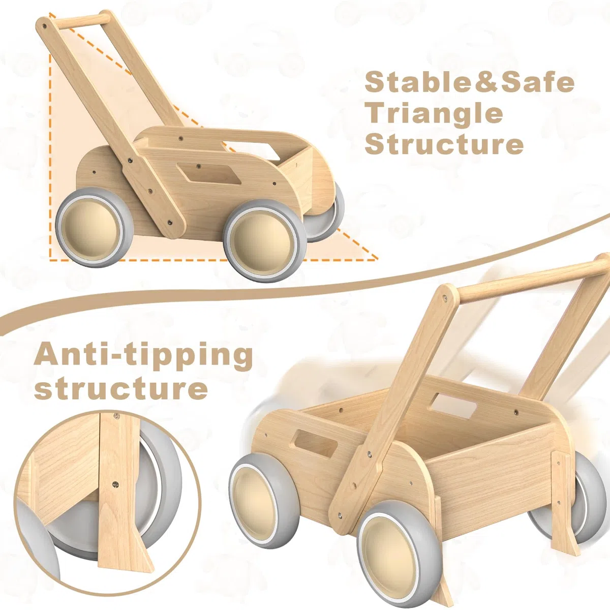Girello per Bambini di legno, Carrello Primi Passi Legno per Bambini e Bambine, Activity Baby Walker, Toddler Push & Pull Toys, Primi Passi Regalo per Compleanno Natale, Naturale