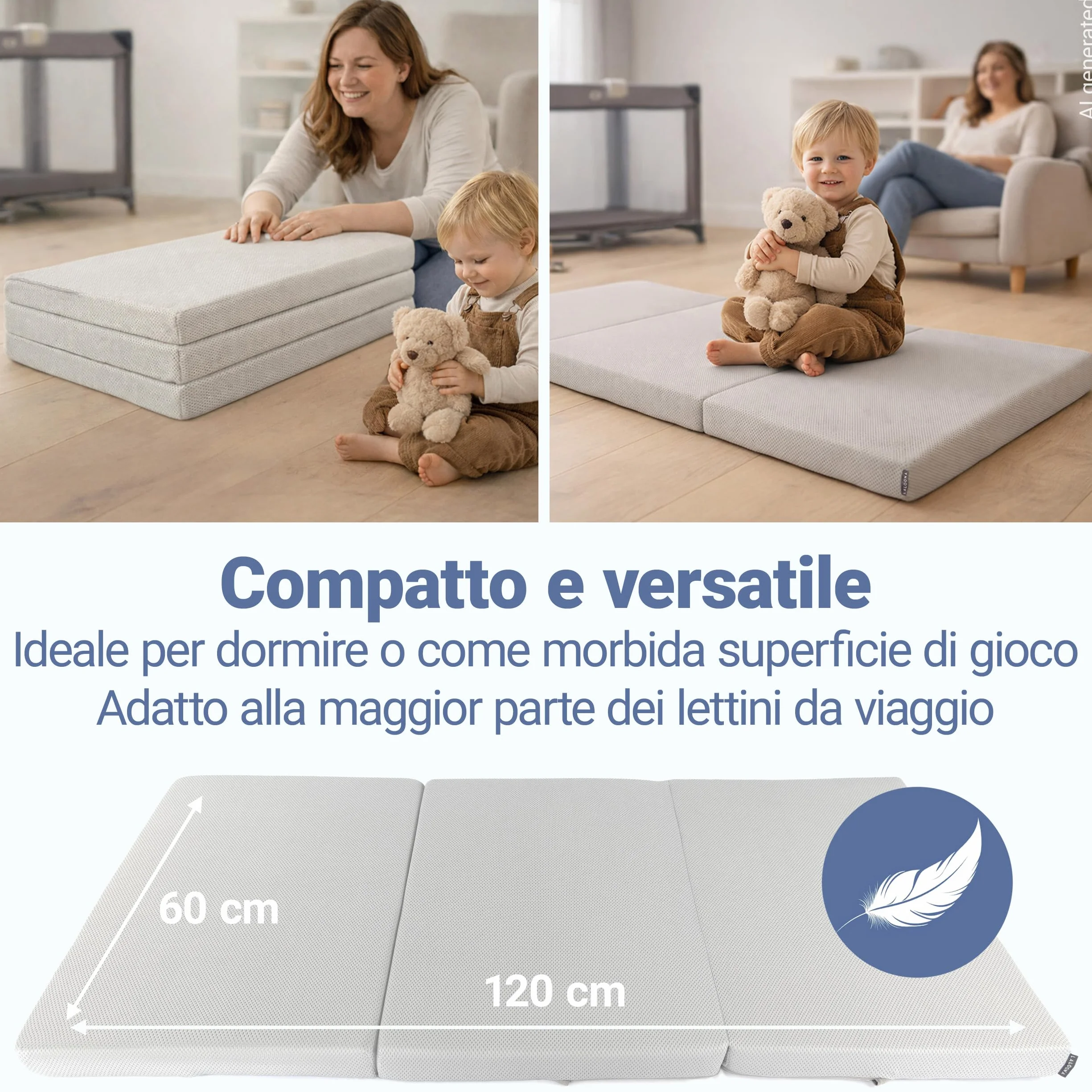 LaLoona Materassino da Viaggio 60x120 cm - Materasso Pieghevole Neonato 5 cm Spessore – con Fodera Sfoderabile - Borsa Trasporto - Traspirante - Lavabile - Certificato OEKO-TEX - Grigio